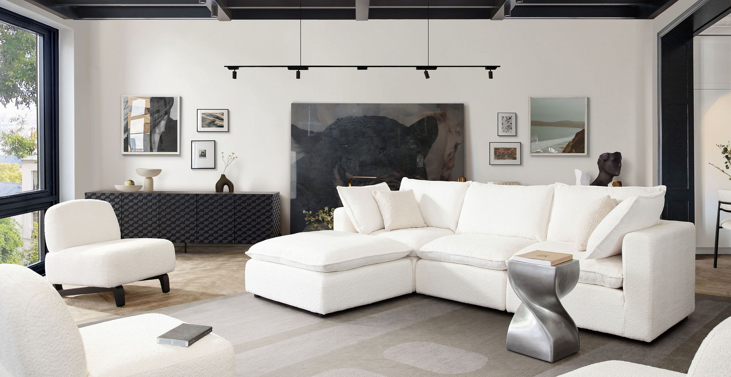 Ivy 4-Piece Reversible Modular Chaise Sectional In White Faux Shearling With Feather Down Seating