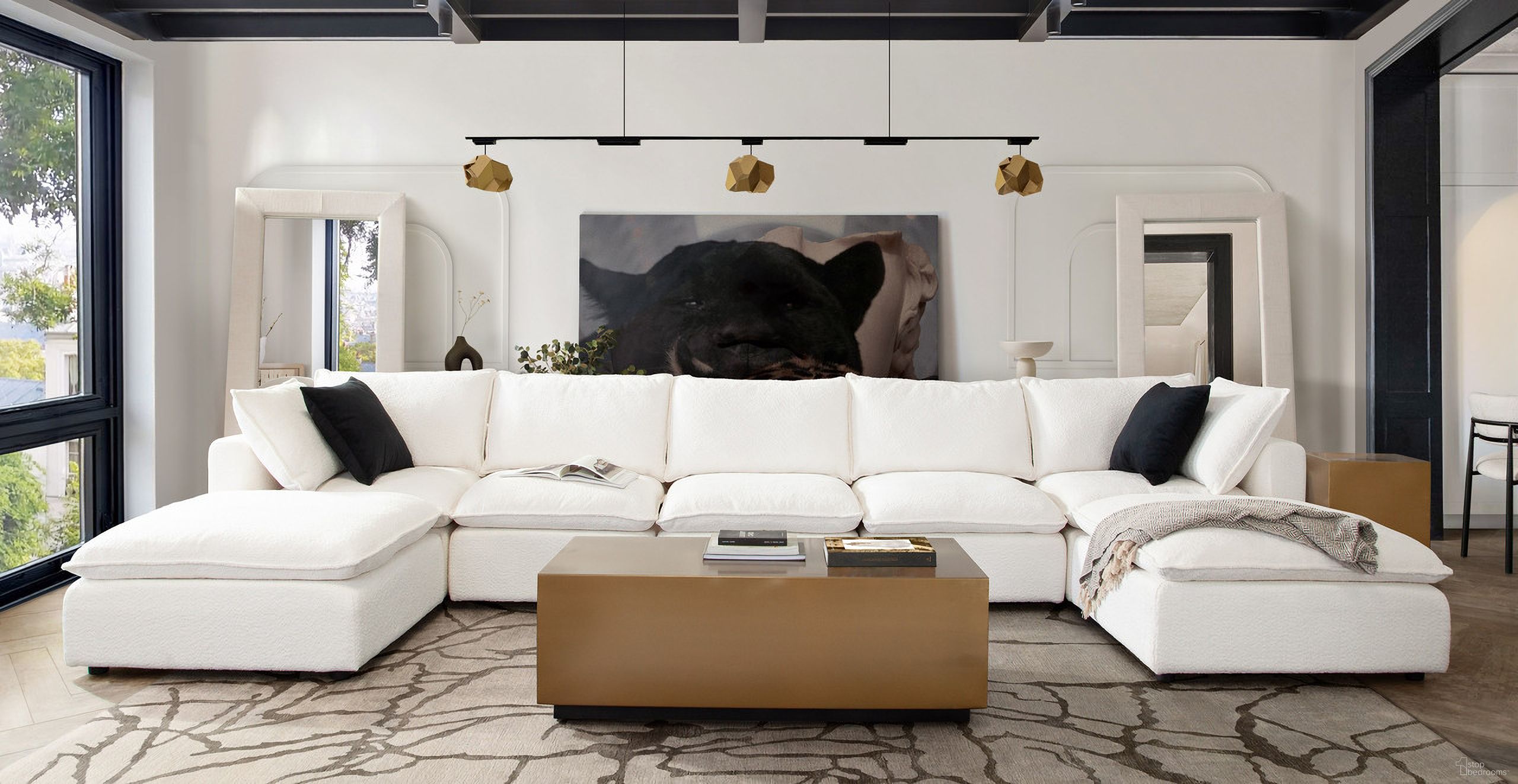 The appearance of Ivy 7-Piece Dual Chaise Sectional In White Faux Shearling With Feather Down Seating designed by Diamond Sofa in the modern / contemporary interior design. This white piece of furniture  was selected by 1StopBedrooms from Ivy Collection to add a touch of cosiness and style into your home. Sku: IVYOTWH;IVYSCWH;IVYACWH;IVYACWH;IVYACWH;IVYSCWH;IVYOTWH. Material: Fabric. Layout: U-Shape.