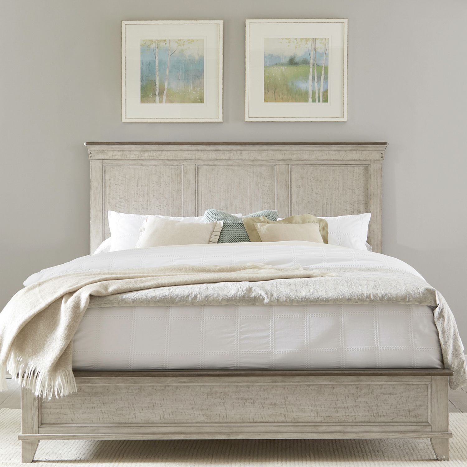 The appearance of Ivy Hollow California King Panel Bed In Weathered Linen and Dusty Taupe designed by Liberty in the country / farmhouse interior design. This cream piece of furniture  was selected by 1StopBedrooms from Ivy Hollow Collection to add a touch of cosiness and style into your home. Sku: 457-BR15;457-BR16;457-BR90C. Bed Type: Panel Bed. Bed Size: California King. Material: Poplar Solid.