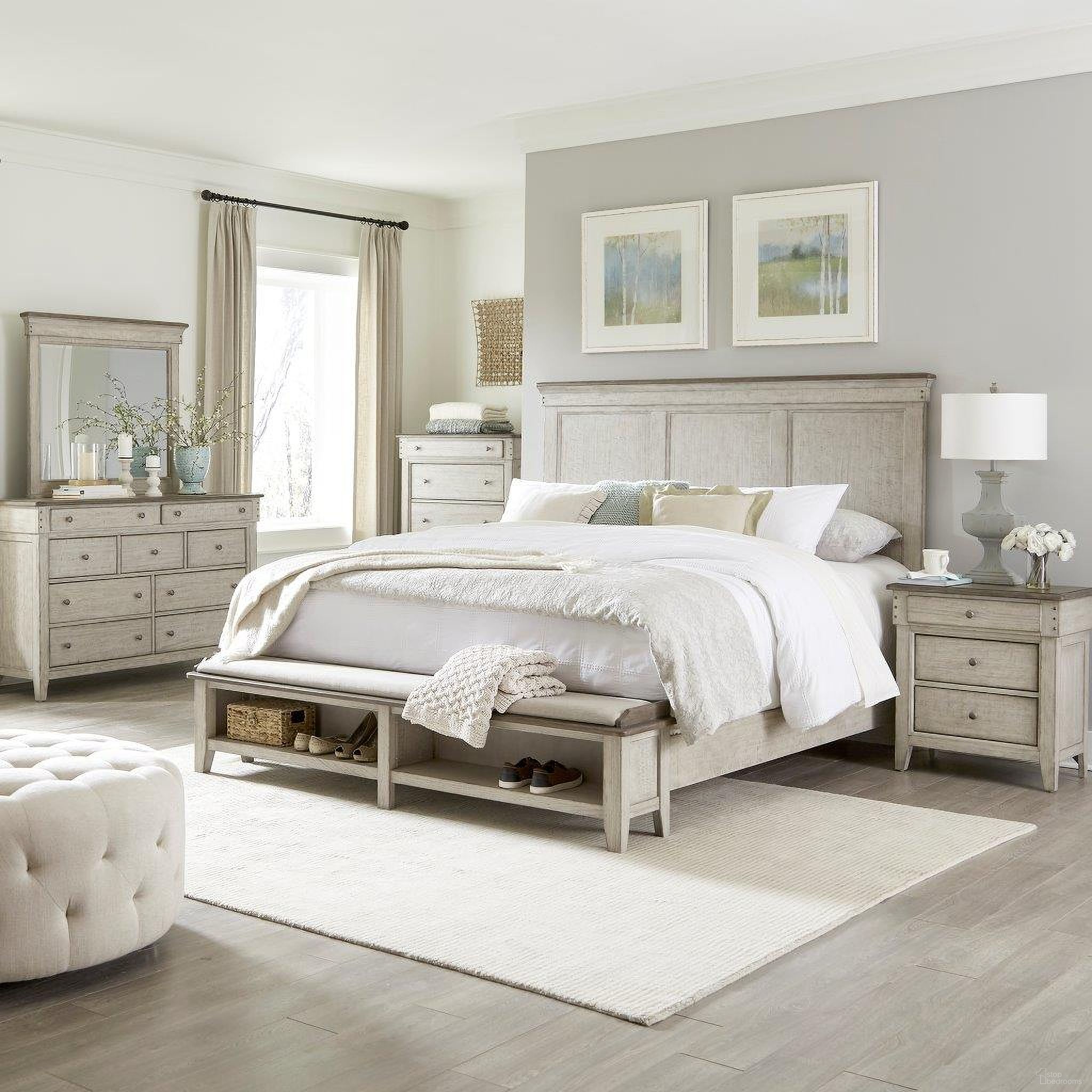 The appearance of Ivy Hollow Weathered Linen And Dusty Taupe Storage Panel Bedroom Set designed by Liberty in the transitional interior design. This cream piece of furniture was selected by 1StopBedrooms from Ivy Hollow Collection to add a touch of cosiness and style into your home. Sku: 457-BR13;457-BR14FS;457-BR90;457-BR61. Bed Type: Panel Bed. Bed Size: Queen. Material: Wood Veneer.