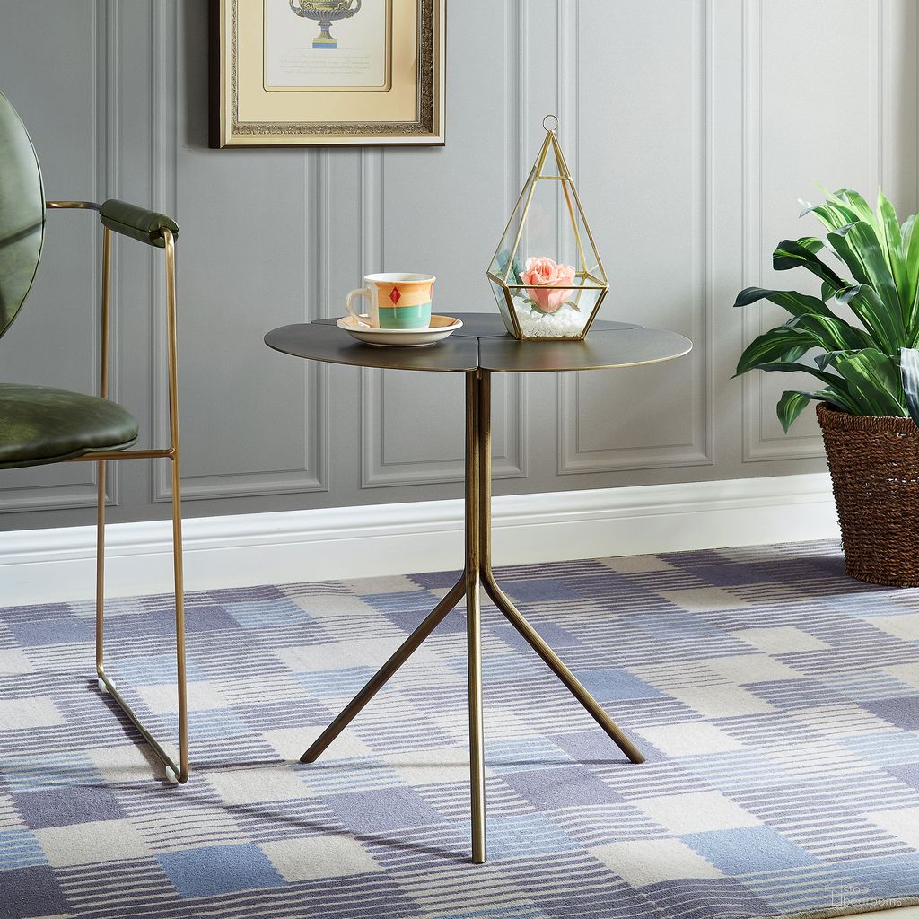 The appearance of Ivy Tripod Side Table In Brushed Antique Brass Bronze designed by Bellini Modern Living in the transitional interior design. This bronze piece of furniture  was selected by 1StopBedrooms from Ivy Collection to add a touch of cosiness and style into your home. Sku: Ivy BRZ. Material: Brass.
