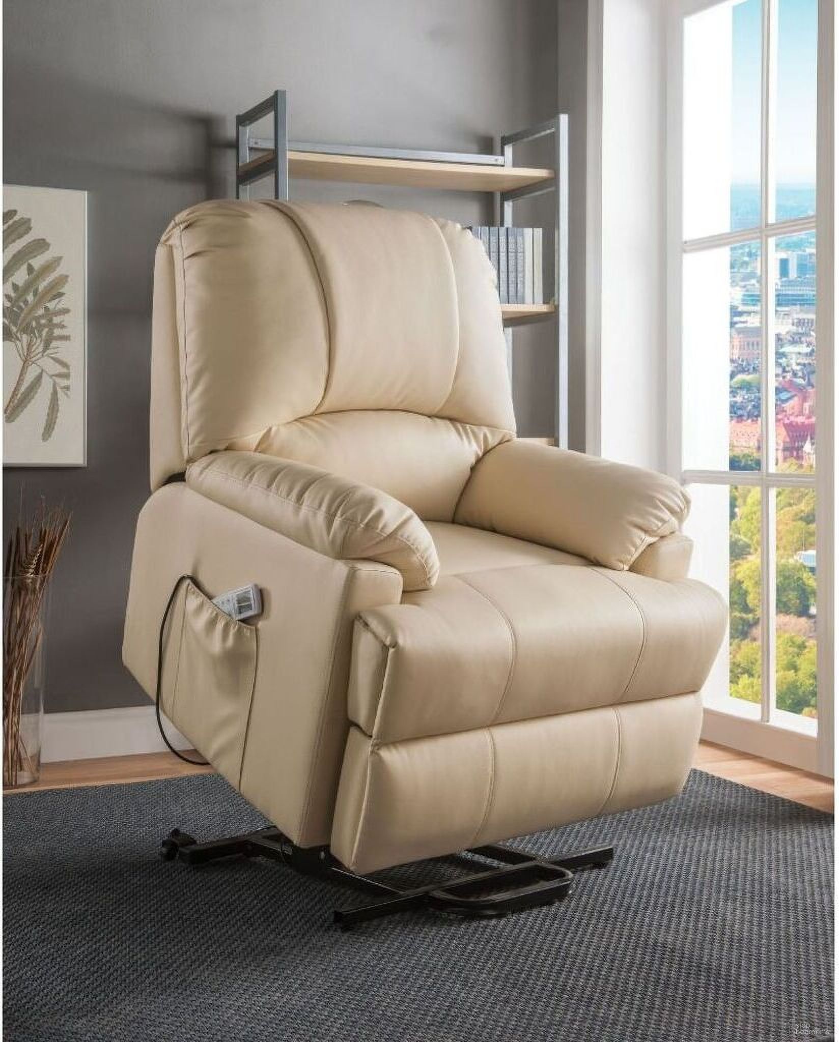 The appearance of Ixora Beige Power Lift and Massage Recliner designed by ACME in the modern / contemporary interior design. This brown piece of furniture  was selected by 1StopBedrooms from Ixora Collection to add a touch of cosiness and style into your home. Sku: 59286. Material: Vinyl.