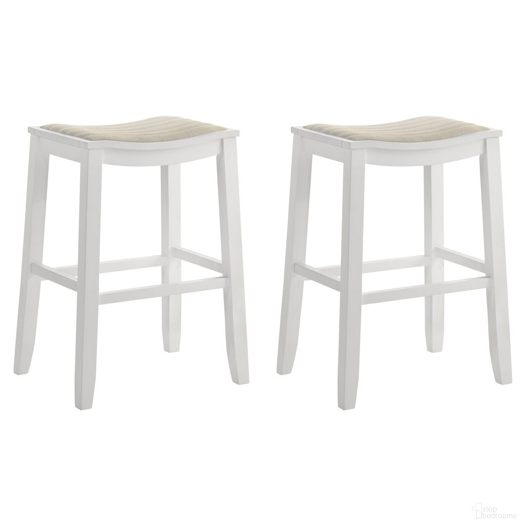 The appearance of Iyani Bar Height Bar Stool Set of 2 In White and Dune Cloud designed by Armen Living in the coastal interior design. This white and dune cloud piece of furniture  was selected by 1StopBedrooms from Iyani Collection to add a touch of cosiness and style into your home. Sku: LCIYBADCWH30;LCIYBADCWH30. Material: Polyester.