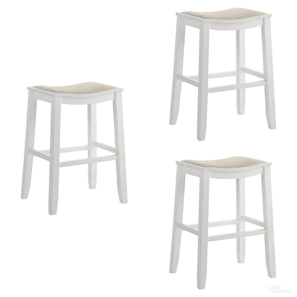 The appearance of Iyani Bar Height Bar Stool Set of 3 In White and Dune Cloud designed by Armen Living in the coastal interior design. This white and dune cloud piece of furniture  was selected by 1StopBedrooms from Iyani Collection to add a touch of cosiness and style into your home. Sku: LCIYBADCWH30;LCIYBADCWH30;LCIYBADCWH30. Material: Polyester.