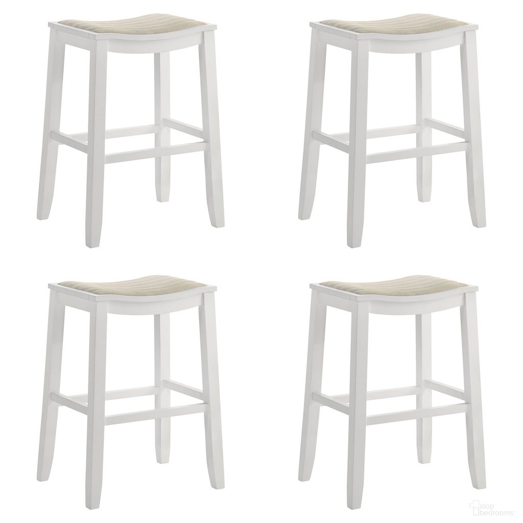 The appearance of Iyani Bar Height Bar Stool Set of 4 In White and Dune Cloud designed by Armen Living in the coastal interior design. This white and dune cloud piece of furniture  was selected by 1StopBedrooms from Iyani Collection to add a touch of cosiness and style into your home. Sku: LCIYBADCWH30;LCIYBADCWH30;LCIYBADCWH30;LCIYBADCWH30. Material: Polyester.