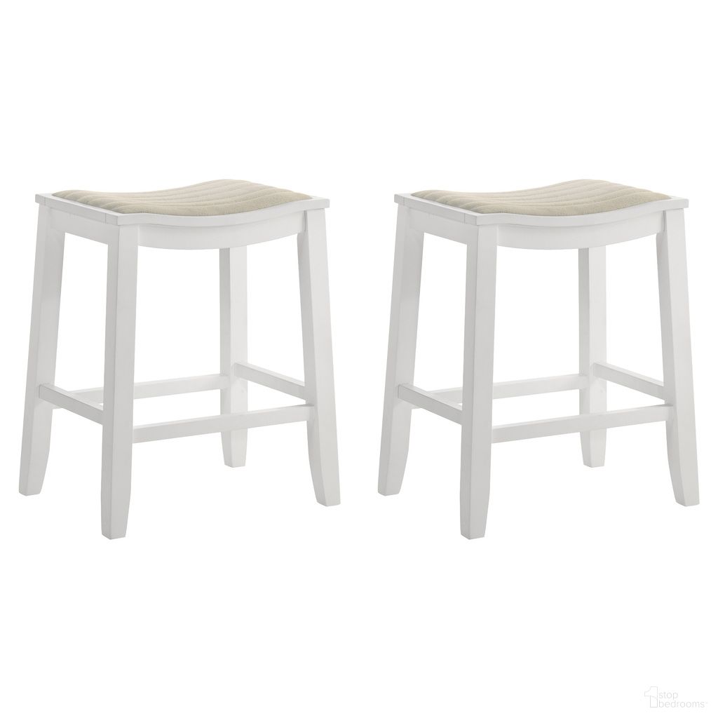 The appearance of Iyani Counter Height Bar Stool Set of 2 In White and Dune Cloud designed by Armen Living in the coastal interior design. This white and dune cloud piece of furniture  was selected by 1StopBedrooms from Iyani Collection to add a touch of cosiness and style into your home. Sku: LCIYBADCWH26;LCIYBADCWH26. Material: Polyester.
