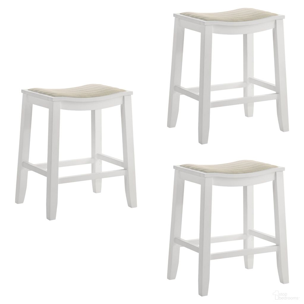 The appearance of Iyani Counter Height Bar Stool Set of 3 In White and Dune Cloud designed by Armen Living in the coastal interior design. This white and dune cloud piece of furniture was selected by 1StopBedrooms from Iyani Collection to add a touch of cosiness and style into your home. Sku: LCIYBADCWH26;LCIYBADCWH26;LCIYBADCWH26. Material: Polyester.