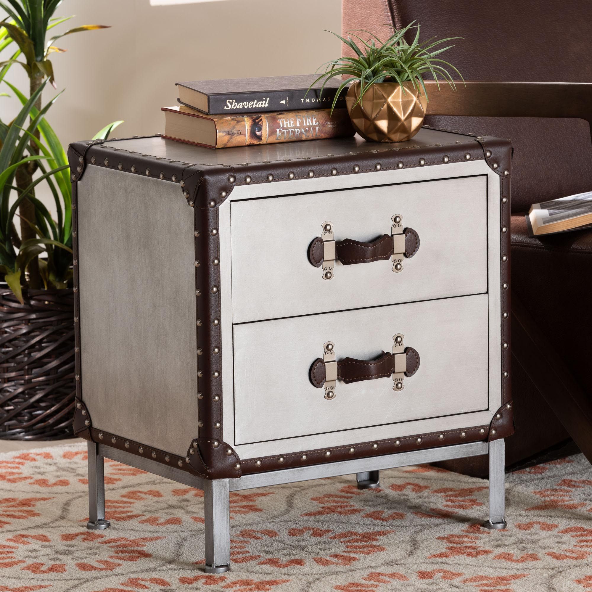 The appearance of Jacey Metal 2 Drawer End Table In Silver and Black designed by Baxton Studio in the rustic / southwestern interior design. This silver and black piece of furniture  was selected by 1StopBedrooms from Jacey Collection to add a touch of cosiness and style into your home. Sku: JY24A032-Wooden-Cabinet. Material: MDF.