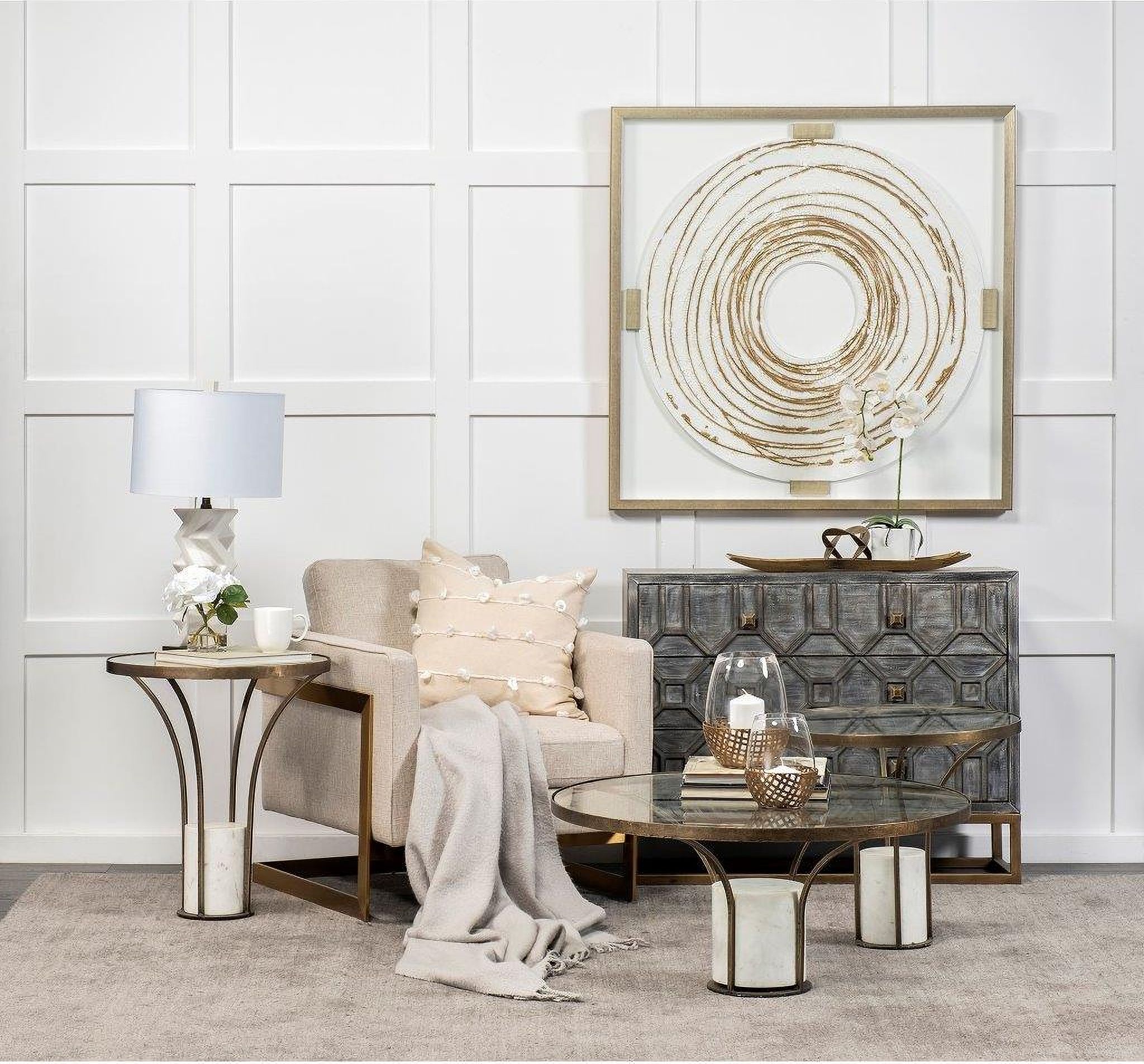 The appearance of Jacinta Occasional Table Set In Gold designed by Mercana in the modern / contemporary interior design. This gold piece of furniture was selected by 1StopBedrooms from Jacinta Collection to add a touch of cosiness and style into your home. Sku: 69052-AB;69053-AB. Material: Metal.