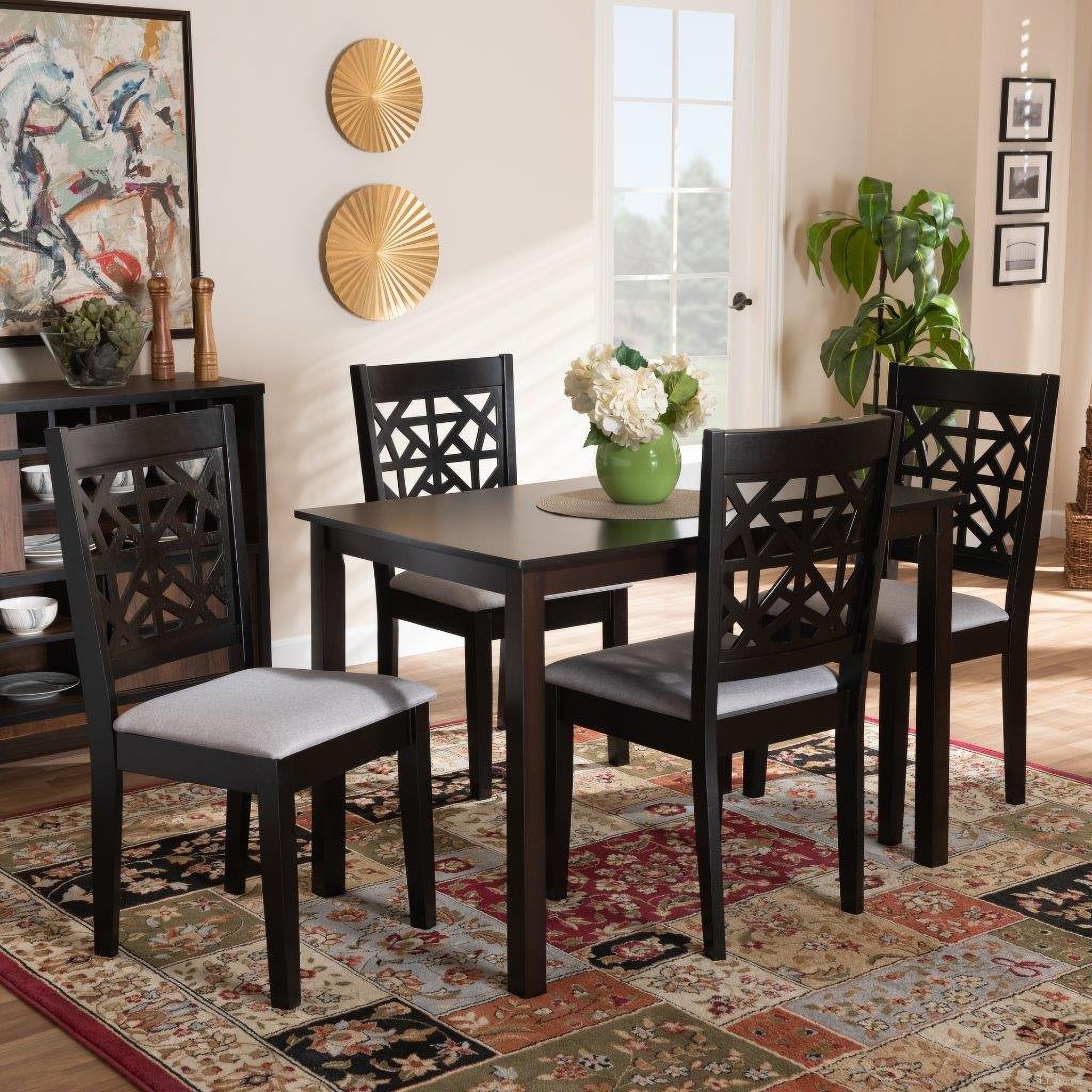 The appearance of Jackson Modern and Contemporary Grey Fabric Upholstered and Espresso Brown Finished Wood 5-Piece Dining Set designed by Baxton Studio in the modern / contemporary interior design. This grey piece of furniture was selected by 1StopBedrooms from Jackson Collection to add a touch of cosiness and style into your home. Sku: RH310C-Grey/Dark Brown-5PC Dining Set. Material: Polyester.
