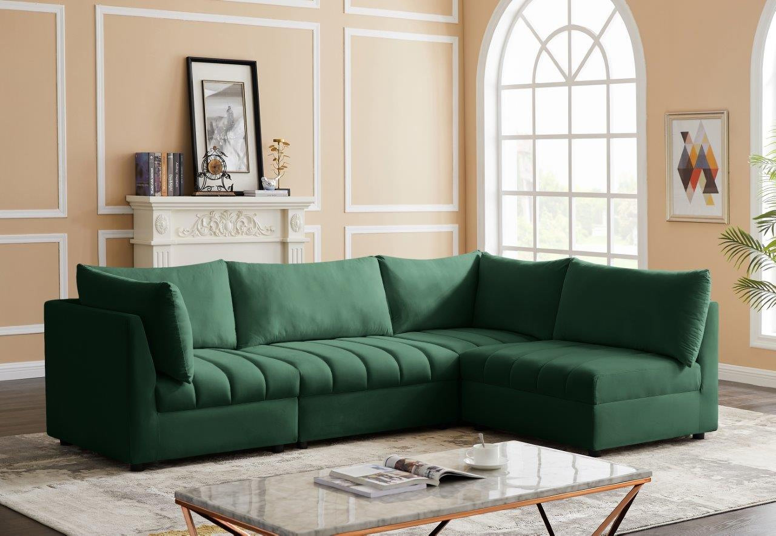 The appearance of Jacob Velvet 4 Piece Modular Sectional In Green designed by Meridian in the modern / contemporary interior design. This green piece of furniture was selected by 1StopBedrooms from Jacob Collection to add a touch of cosiness and style into your home. Sku: 649Green-Corner;649Green-Corner;649Green-Armless;649Green-Armless. Material: Velvet. Layout: L-Shape.