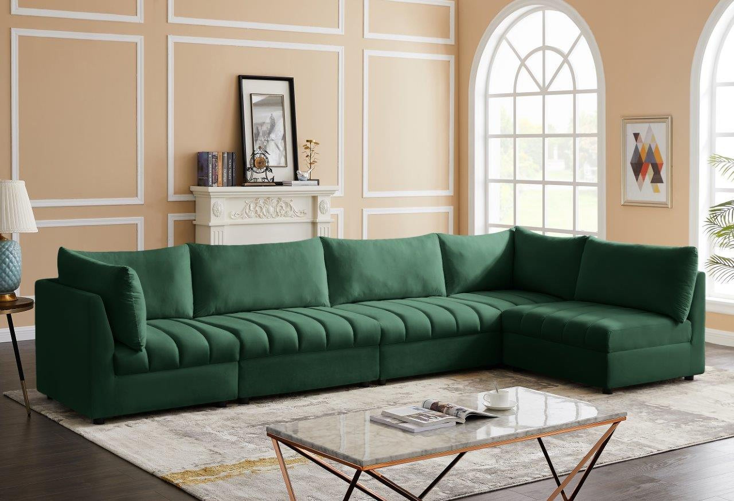 The appearance of Jacob Velvet 5 Piece Modular Sectional In Green designed by Meridian in the modern / contemporary interior design. This green piece of furniture  was selected by 1StopBedrooms from Jacob Collection to add a touch of cosiness and style into your home. Sku: 649Green-Corner;649Green-Corner;649Green-Armless;649Green-Armless;649Green-Armless. Material: Velvet. Layout: L-Shape.