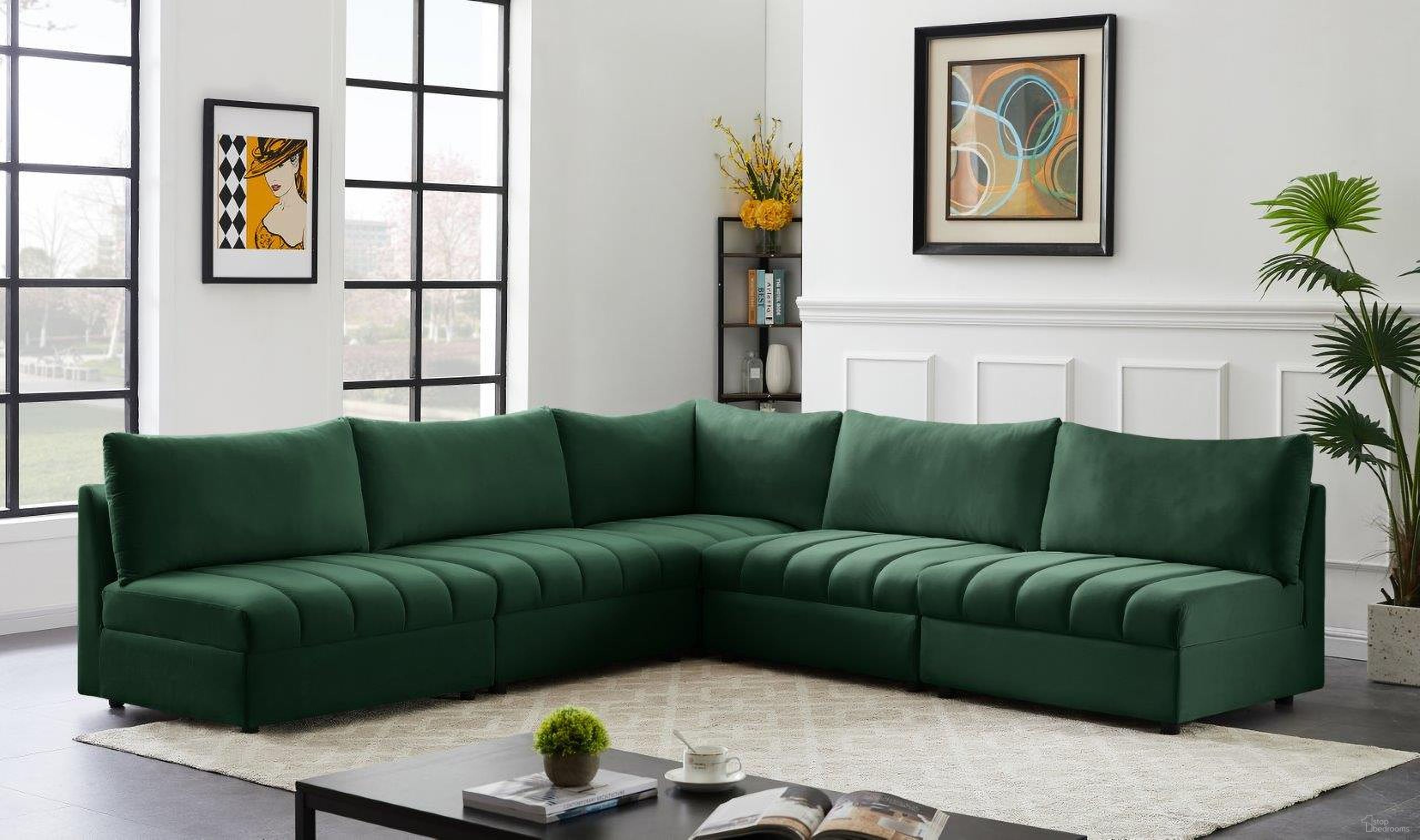 The appearance of Jacob Velvet 5 Piece Modular Sectional In Green designed by Meridian in the modern / contemporary interior design. This green piece of furniture  was selected by 1StopBedrooms from Jacob Collection to add a touch of cosiness and style into your home. Sku: 649Green-Corner;649Green-Armless;649Green-Armless;649Green-Armless;649Green-Armless. Material: Velvet. Layout: L-Shape.