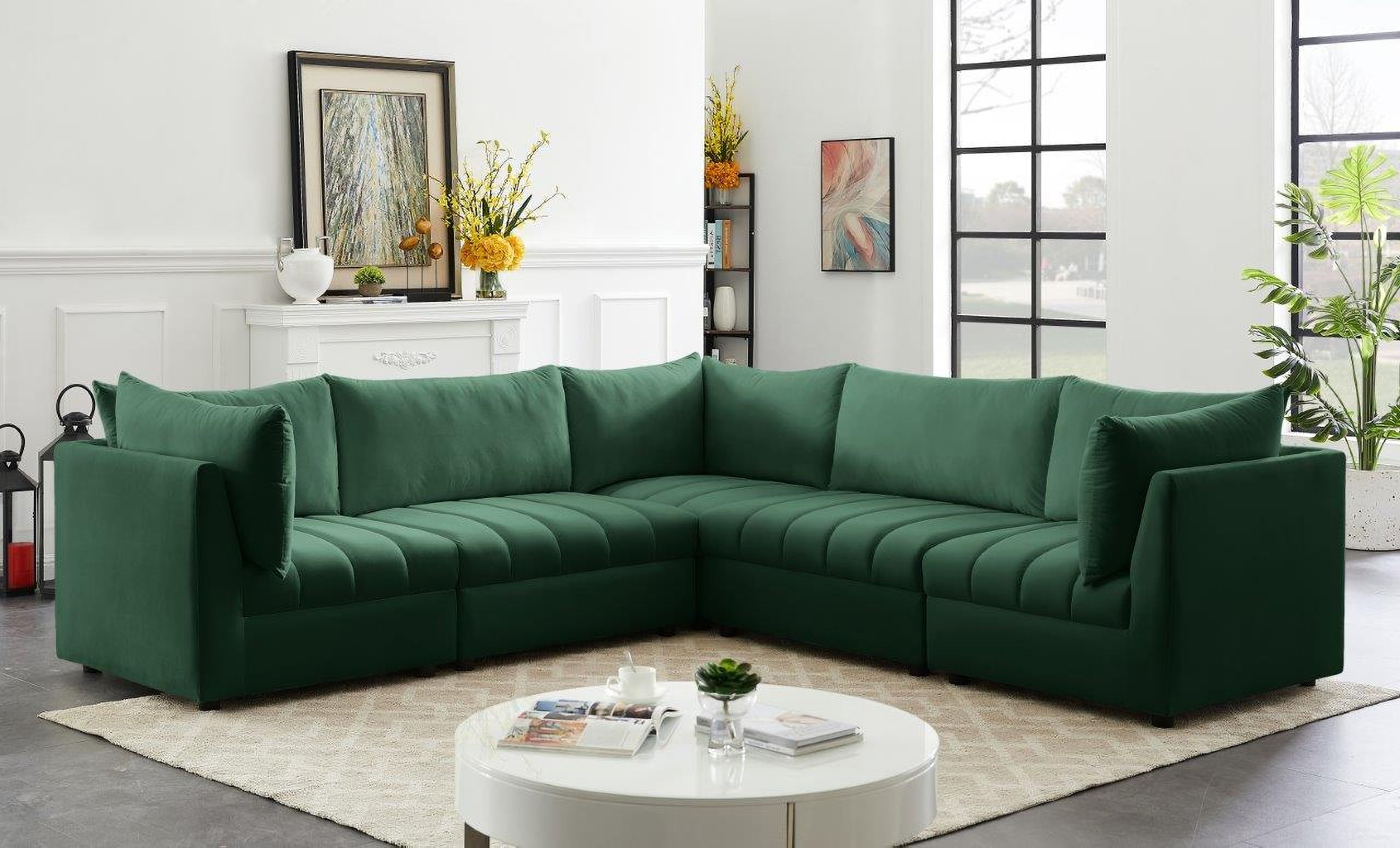 The appearance of Jacob Velvet 5 Piece Modular Sectional In Green designed by Meridian in the modern / contemporary interior design. This green piece of furniture was selected by 1StopBedrooms from Jacob Collection to add a touch of cosiness and style into your home. Sku: 649Green-Corner;649Green-Corner;649Green-Corner;649Green-Armless;649Green-Armless. Material: Velvet. Layout: L-Shape.