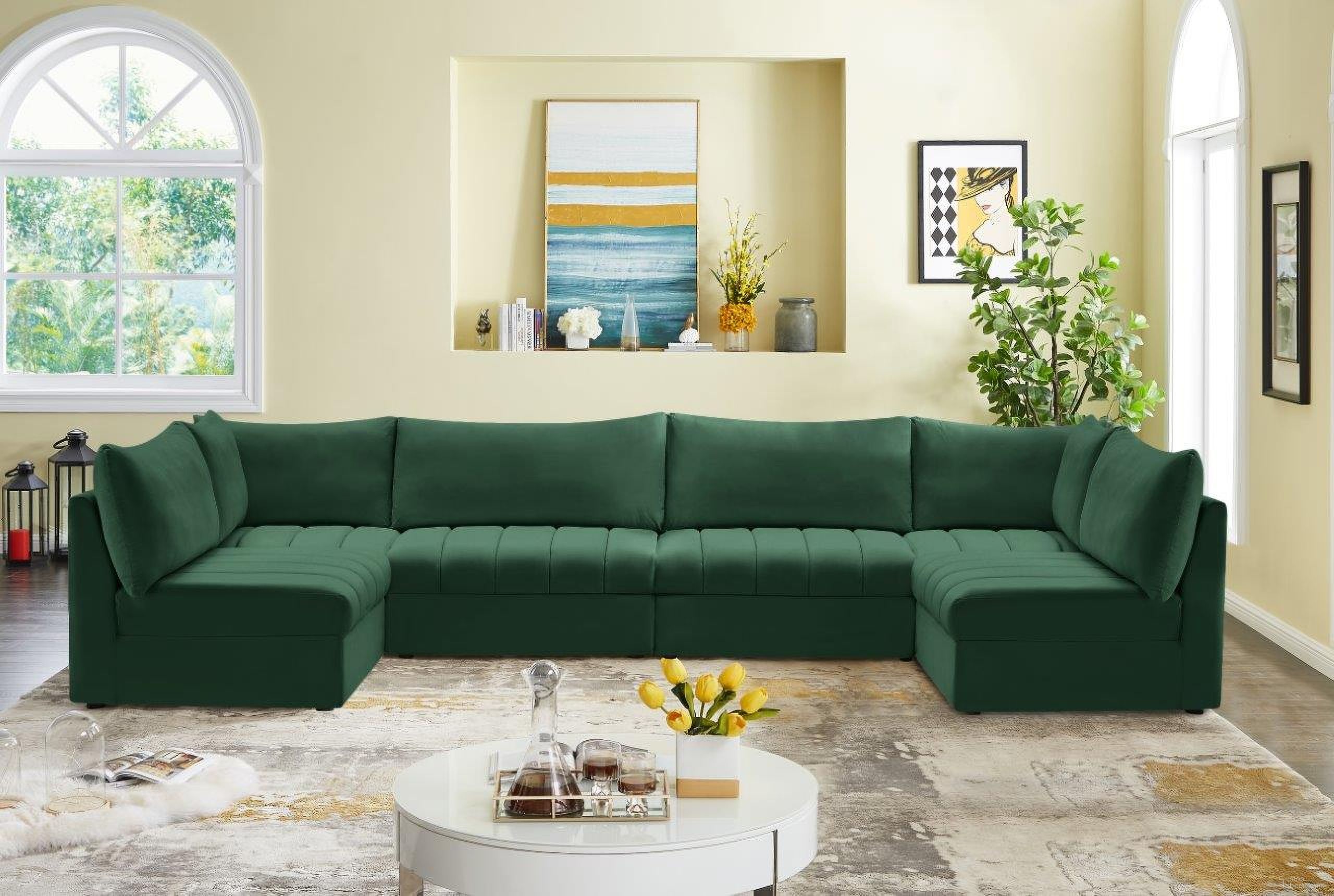 The appearance of Jacob Velvet 6 Piece Modular Sectional In Green designed by Meridian in the modern / contemporary interior design. This green piece of furniture was selected by 1StopBedrooms from Jacob Collection to add a touch of cosiness and style into your home. Sku: 649Green-Corner;649Green-Corner;649Green-Armless;649Green-Armless;649Green-Armless;649Green-Armless. Material: Velvet. Layout: Sofa & Chaise.
