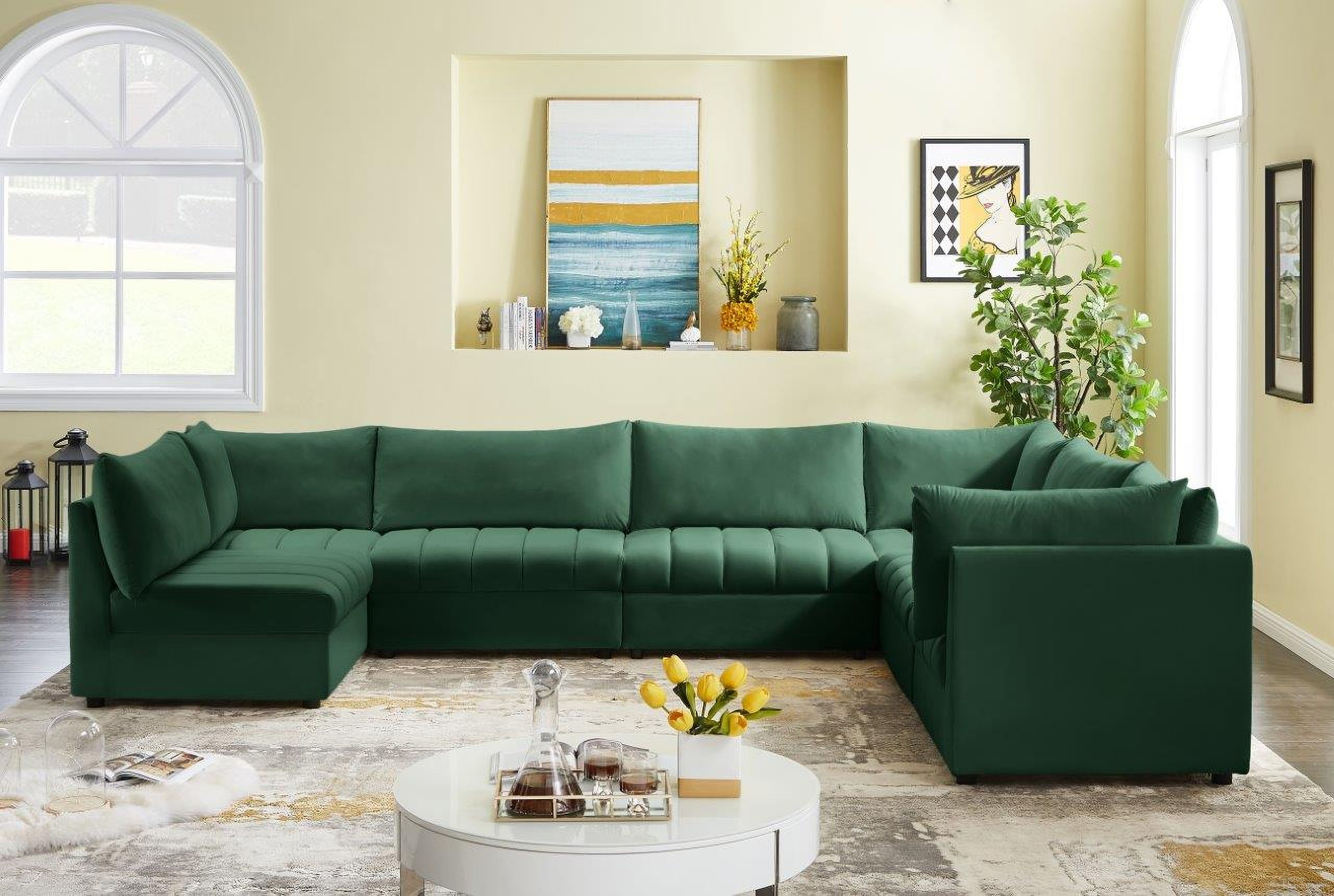 The appearance of Jacob Velvet 7 Piece Modular Sectional In Green designed by Meridian in the modern / contemporary interior design. This green piece of furniture was selected by 1StopBedrooms from Jacob Collection to add a touch of cosiness and style into your home. Sku: 649Green-Corner;649Green-Corner;649Green-Corner;649Green-Armless;649Green-Armless;649Green-Armless;649Green-Armless. Material: Velvet. Layout: U-Shape.