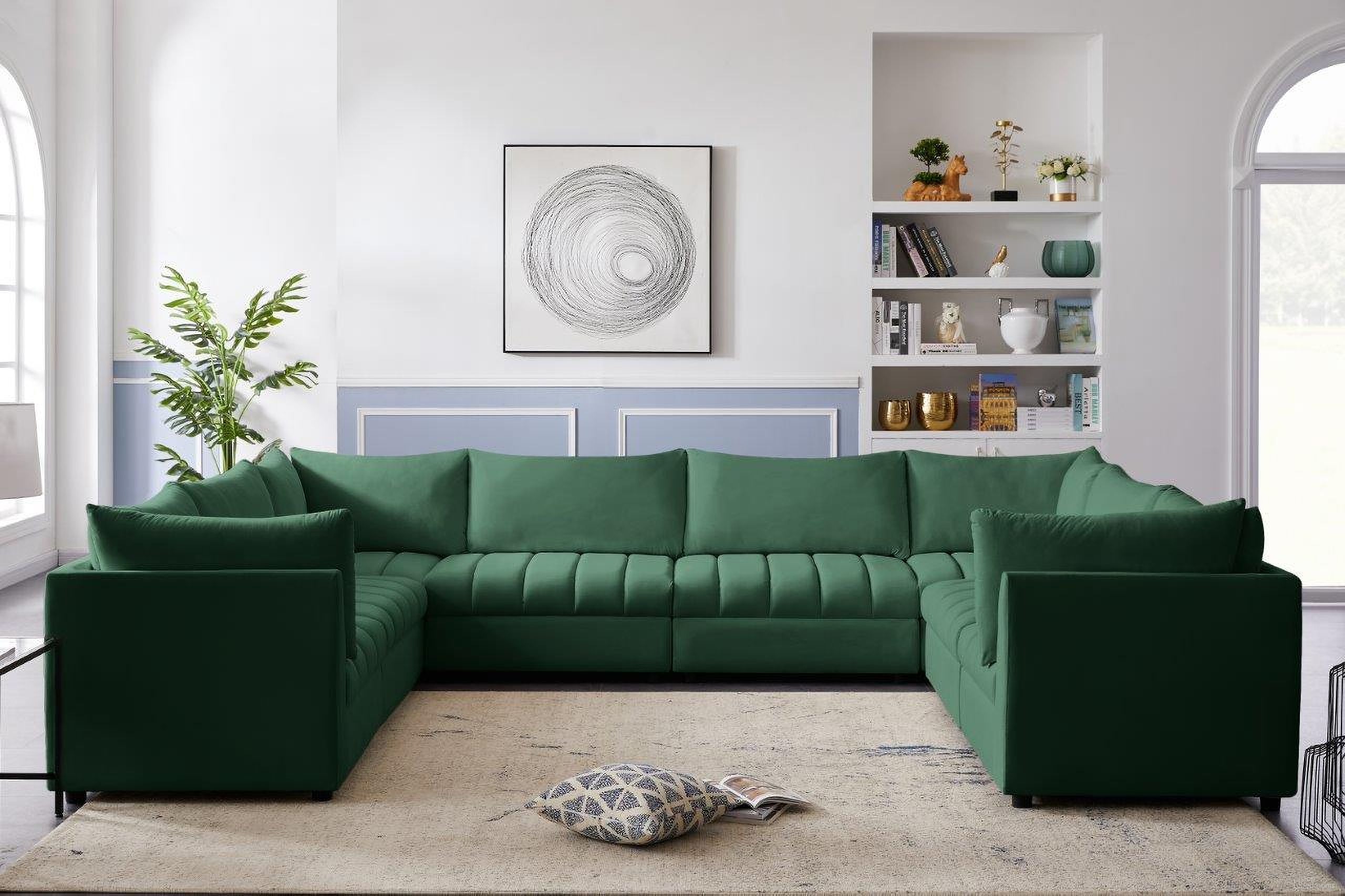 The appearance of Jacob Velvet 8 Piece Modular Sectional In Green designed by Meridian in the modern / contemporary interior design. This green piece of furniture was selected by 1StopBedrooms from Jacob Collection to add a touch of cosiness and style into your home. Sku: 649Green-Corner;649Green-Corner;649Green-Corner;649Green-Corner;649Green-Armless;649Green-Armless;649Green-Armless;649Green-Armless. Material: Velvet. Layout: Sofa & Chaise.