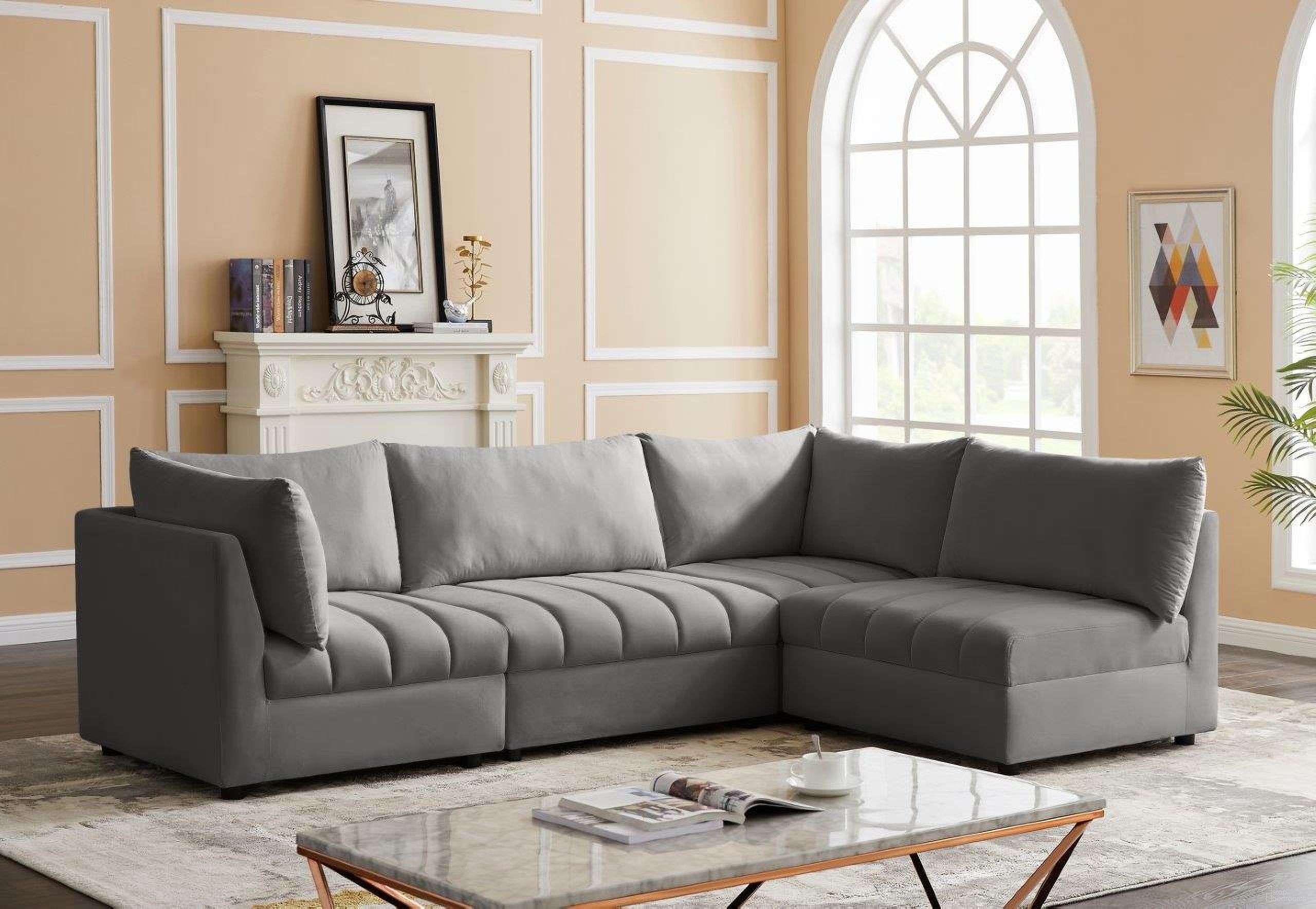 The appearance of Jacob Velvet 4 Piece Modular Sectional In Grey designed by Meridian in the modern / contemporary interior design. This grey piece of furniture was selected by 1StopBedrooms from Jacob Collection to add a touch of cosiness and style into your home. Sku: 649Grey-Corner;649Grey-Corner;649Grey-Armless;649Grey-Armless. Material: Velvet. Layout: L-Shape.