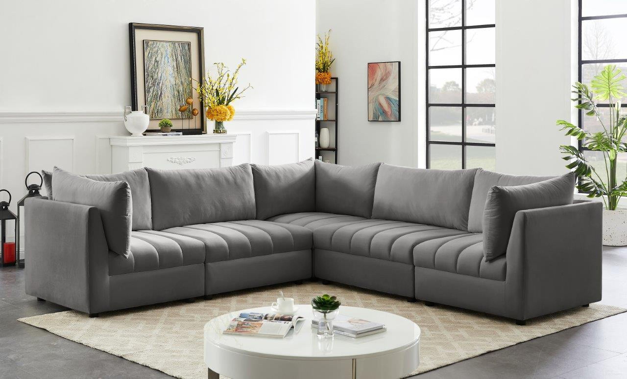 Jacob Velvet 5 Piece Modular Sectional In Grey