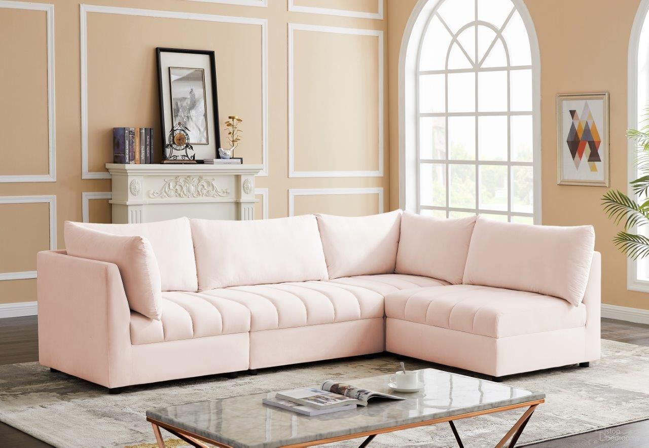 The appearance of Jacob Velvet 4 Piece Modular Sectional In Pink designed by Meridian in the modern / contemporary interior design. This pink piece of furniture  was selected by 1StopBedrooms from Jacob Collection to add a touch of cosiness and style into your home. Sku: 649Pink-Corner;649Pink-Corner;649Pink-Armless;649Pink-Armless. Material: Velvet. Layout: L-Shape.