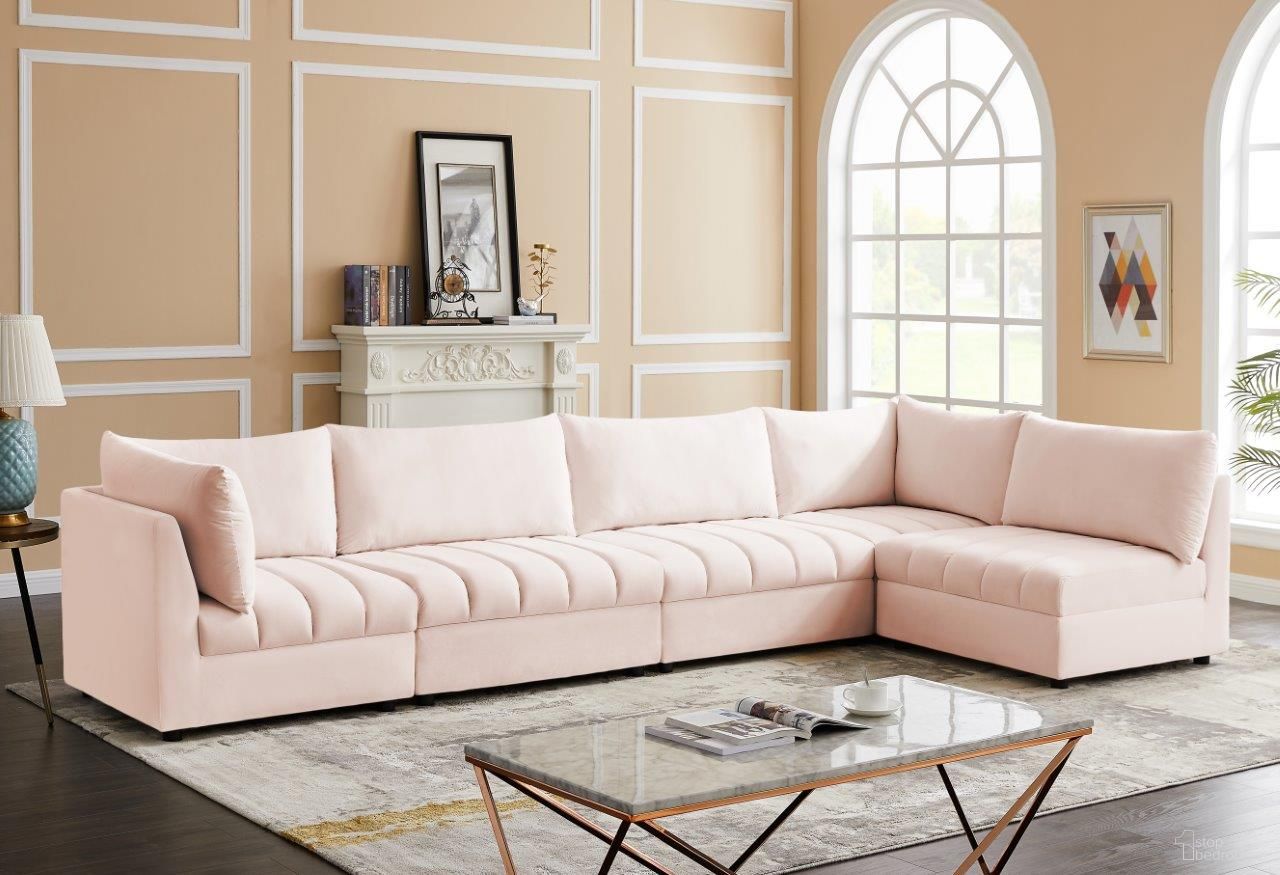 The appearance of Jacob Velvet 5 Piece Modular Sectional In Pink designed by Meridian in the modern / contemporary interior design. This pink piece of furniture  was selected by 1StopBedrooms from Jacob Collection to add a touch of cosiness and style into your home. Sku: 649Pink-Corner;649Pink-Corner;649Pink-Armless;649Pink-Armless;649Pink-Armless. Material: Velvet. Layout: L-Shape.