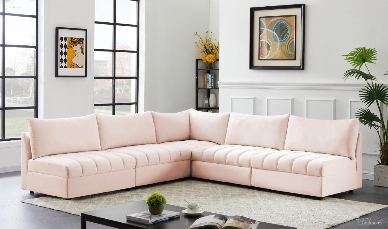 The appearance of Jacob Velvet 5 Piece Modular Sectional In Pink designed by Meridian in the modern / contemporary interior design. This pink piece of furniture  was selected by 1StopBedrooms from Jacob Collection to add a touch of cosiness and style into your home. Sku: 649Pink-Corner;649Pink-Armless;649Pink-Armless;649Pink-Armless;649Pink-Armless. Material: Velvet. Layout: L-Shape.
