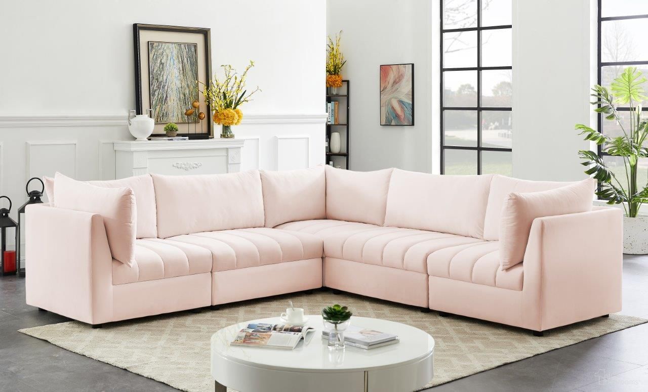 The appearance of Jacob Velvet 5 Piece Modular Sectional In Pink designed by Meridian in the modern / contemporary interior design. This pink piece of furniture  was selected by 1StopBedrooms from Jacob Collection to add a touch of cosiness and style into your home. Sku: 649Pink-Corner;649Pink-Corner;649Pink-Corner;649Pink-Armless;649Pink-Armless. Material: Velvet. Layout: L-Shape.