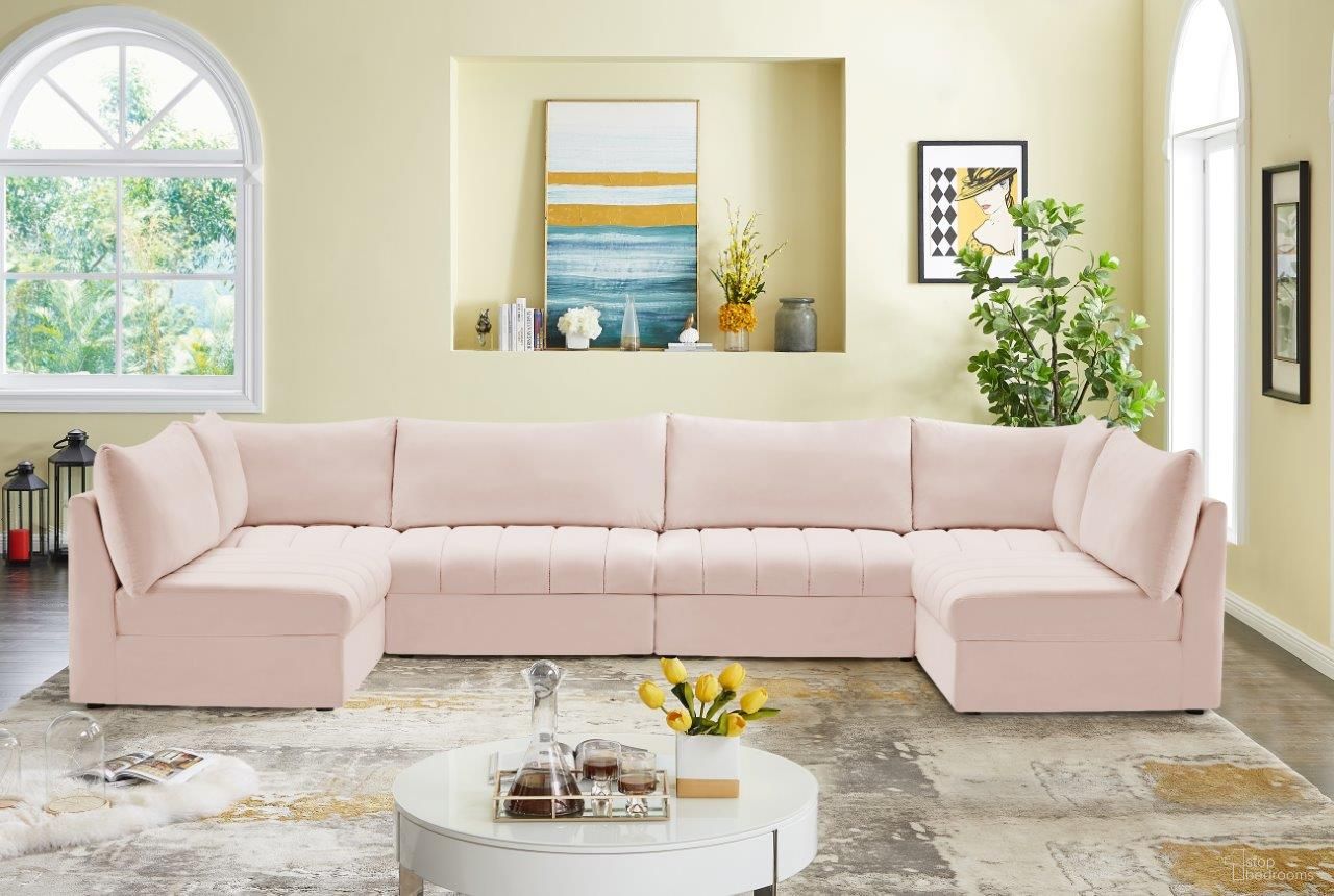 The appearance of Jacob Velvet 6 Piece Modular Sectional In Pink designed by Meridian in the modern / contemporary interior design. This pink piece of furniture  was selected by 1StopBedrooms from Jacob Collection to add a touch of cosiness and style into your home. Sku: 649Pink-Corner;649Pink-Corner;649Pink-Armless;649Pink-Armless;649Pink-Armless;649Pink-Armless. Material: Velvet. Layout: Sofa & Chaise.