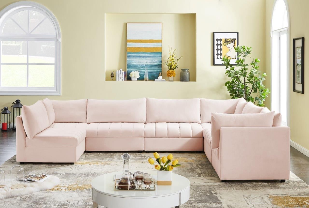 The appearance of Jacob Velvet 7 Piece Modular Sectional In Pink designed by Meridian in the modern / contemporary interior design. This pink piece of furniture  was selected by 1StopBedrooms from Jacob Collection to add a touch of cosiness and style into your home. Sku: 649Pink-Corner;649Pink-Corner;649Pink-Corner;649Pink-Armless;649Pink-Armless;649Pink-Armless;649Pink-Armless. Material: Velvet. Layout: U-Shape.
