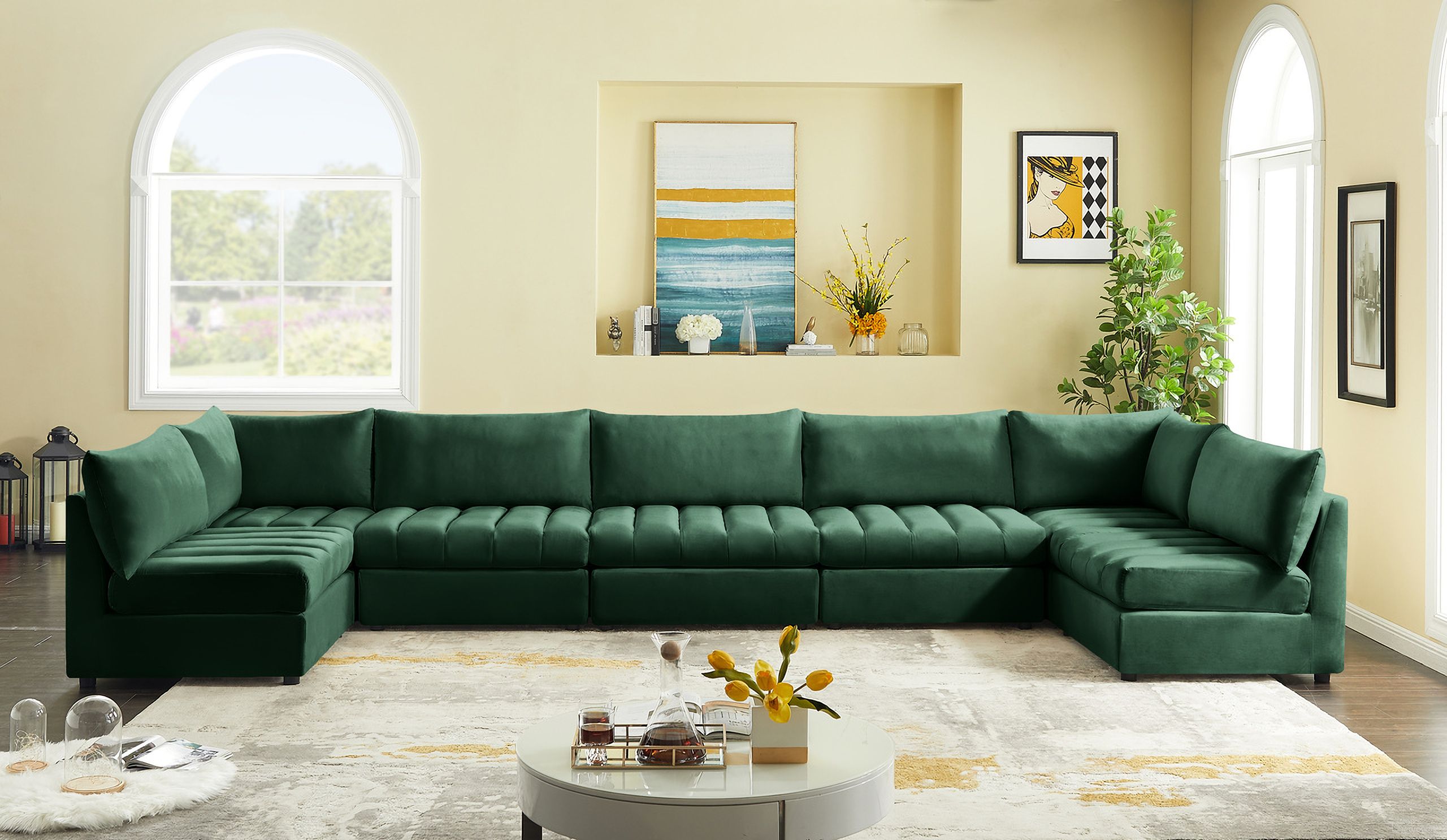 The appearance of Jacob Velvet 7 Piece Modular Sectional In Green designed by Meridian in the modern / contemporary interior design. This green piece of furniture was selected by 1StopBedrooms from Jacob Collection to add a touch of cosiness and style into your home. Sku: 649Green-Corner;649Green-Corner;649Green-Armless;649Green-Armless;649Green-Armless;649Green-Armless;649Green-Armless. Material: Velvet. Layout: Sofa & Chaise.
