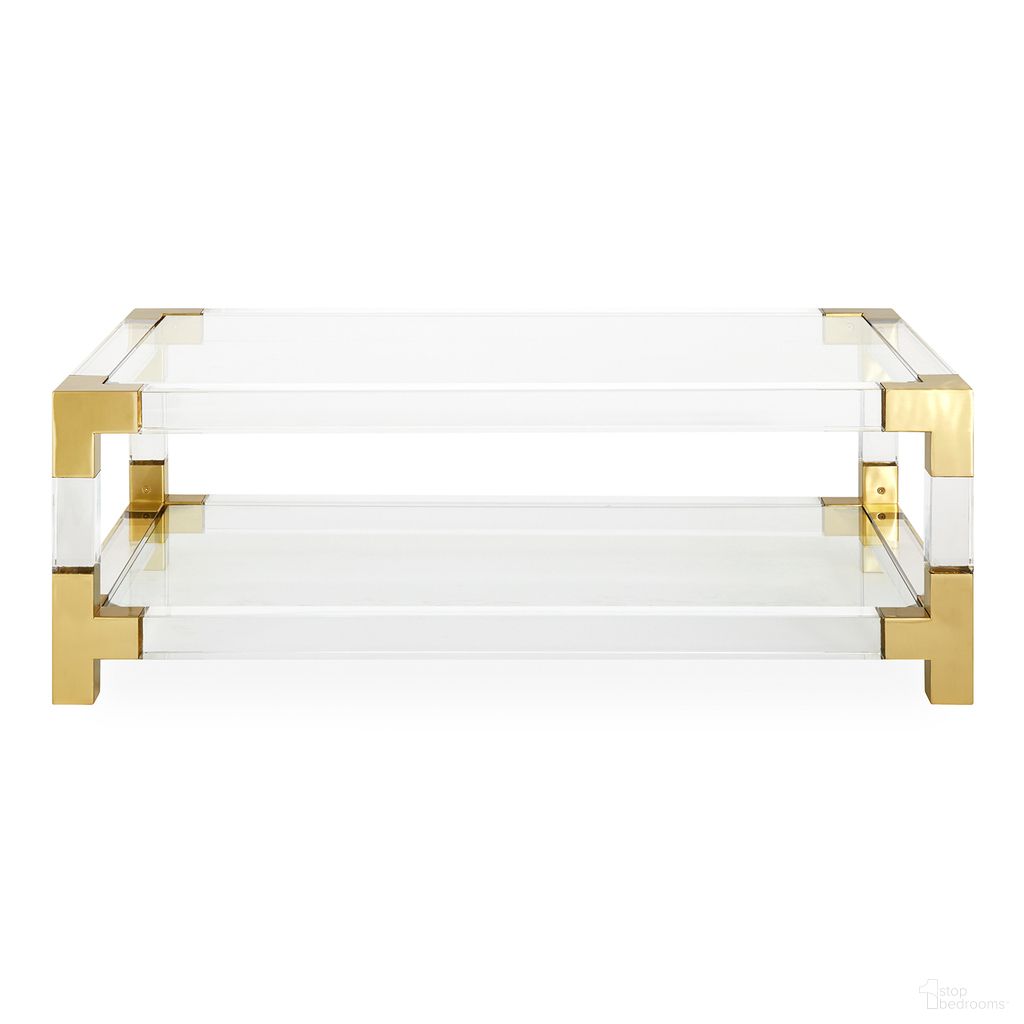 The appearance of Jacques Grand Cocktail Table In Brass and Clear Acrylic designed by Jonathan Adler in the modern / contemporary interior design. This brass and clear acrylic piece of furniture  was selected by 1StopBedrooms from Jacques Collection to add a touch of cosiness and style into your home. Sku: 26317. Material: Acrylic.