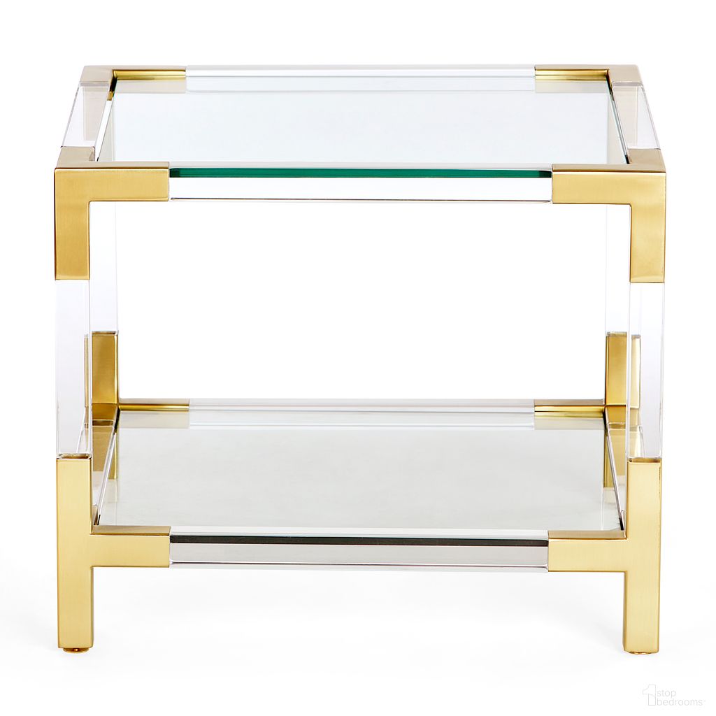 The appearance of Jacques Two-Tier Accent Table In Brass and Clear Acrylic designed by Jonathan Adler in the modern / contemporary interior design. This brass and clear acrylic piece of furniture  was selected by 1StopBedrooms from Jacques Collection to add a touch of cosiness and style into your home. Sku: 26318. Material: Acrylic.