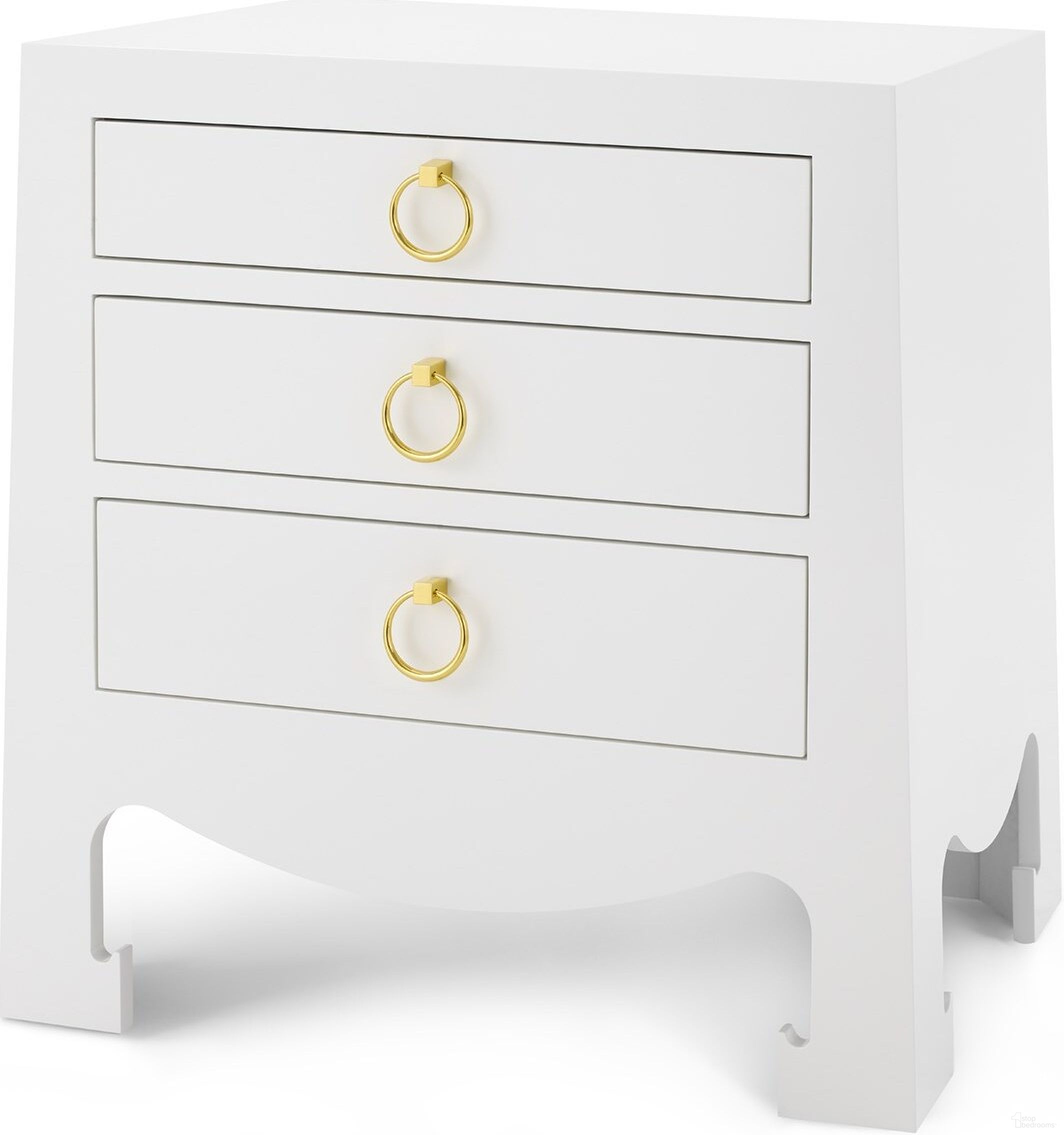 The appearance of Jacqui 3-Drawer Side Table In Chiffon White designed by Villa & House in the transitional interior design. This white piece of furniture was selected by 1StopBedrooms from Jacqui Collection to add a touch of cosiness and style into your home. Sku: JAC-130-09. Material: Wood.