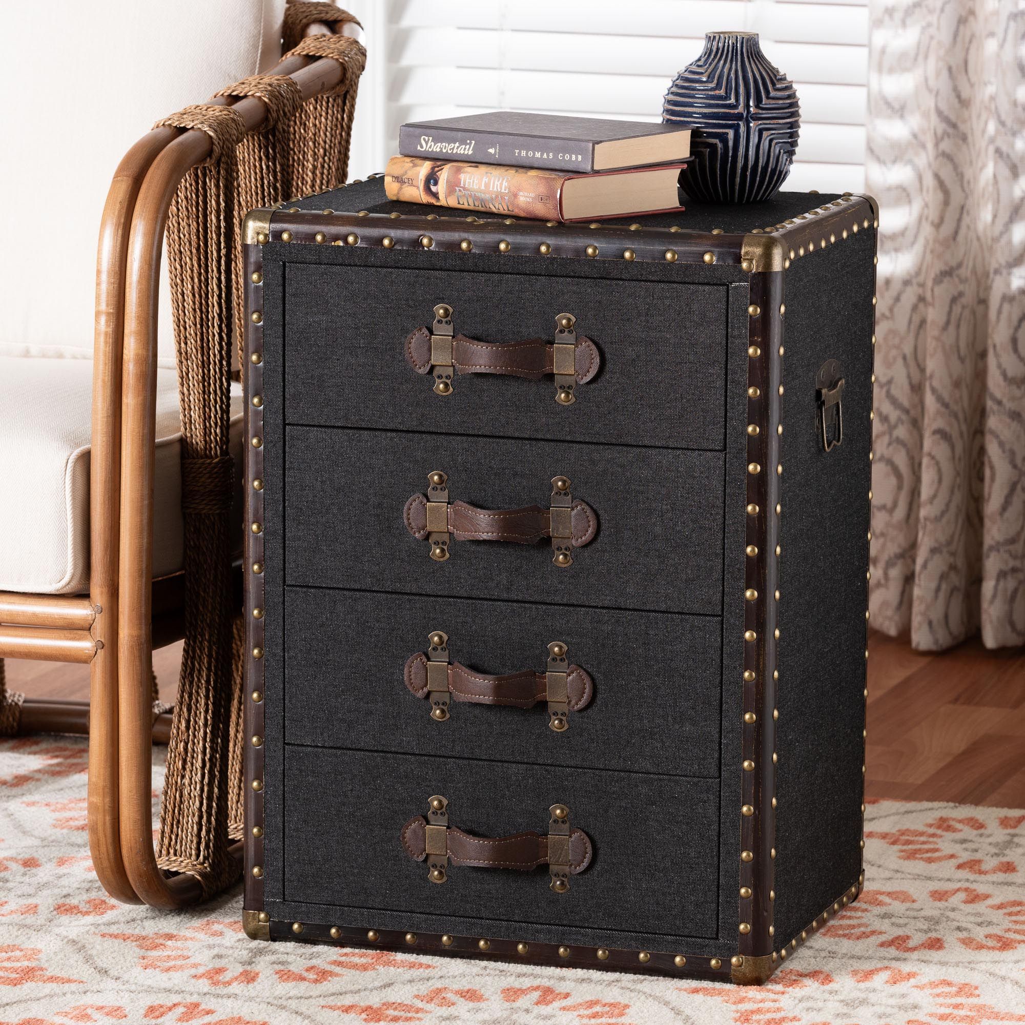 The appearance of Jaelyn Canvas 4-Drawer End Table In Black and Brown designed by Baxton Studio in the rustic / southwestern interior design. This black/brown piece of furniture  was selected by 1StopBedrooms from Jaelyn Collection to add a touch of cosiness and style into your home. Sku: JY24A037-Black-Wooden-ET. Material: MDF.