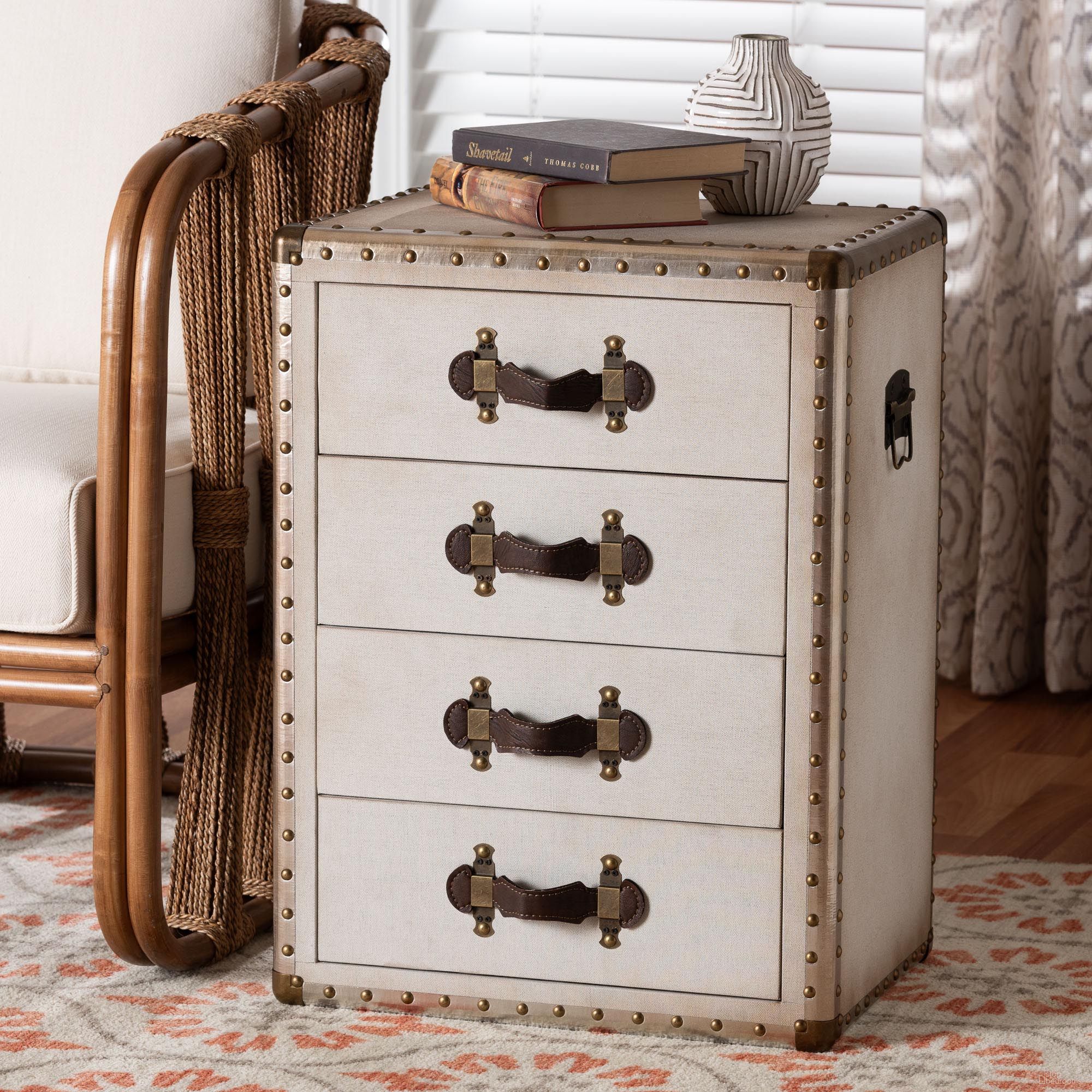 The appearance of Jaelyn Canvas 4-Drawer End Table In Coffee and Beige designed by Baxton Studio in the rustic / southwestern interior design. This coffee and beige piece of furniture  was selected by 1StopBedrooms from Jaelyn Collection to add a touch of cosiness and style into your home. Sku: JY24A037-White-Wooden-ET. Material: MDF.
