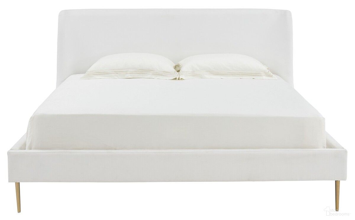 The appearance of Jaiden Upholstered Bed In White and Gold - SFV4754A-K-2BX designed by Safavieh Couture in the glam interior design. This white and gold piece of furniture  was selected by 1StopBedrooms from Jaiden Collection to add a touch of cosiness and style into your home. Sku: SFV4754A-K-2BX. Bed Size: King. Material: Plywood. Bed Type: Upholstered Bed.