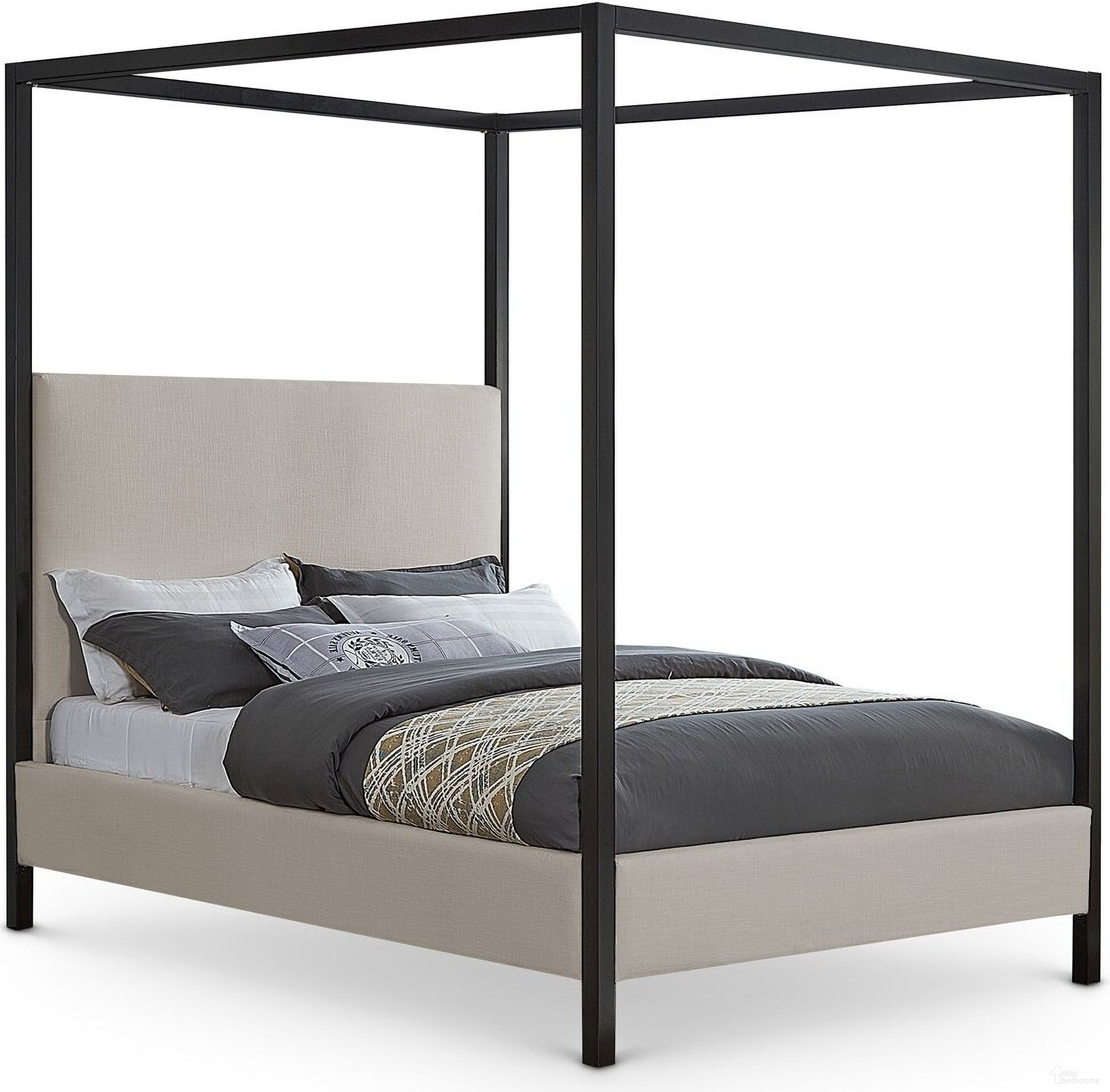 The appearance of James Linen Textured Fabric King Bed In Beige designed by Meridian in the modern / contemporary interior design. This beige piece of furniture  was selected by 1StopBedrooms from James Collection to add a touch of cosiness and style into your home. Sku: JamesBeige-K Box 1/2 (Headboard / Slats);JamesBeige-K Box 2/2 (Footboard / Rails / Center Support / Hardware / Metal Frame). Bed Type: Canopy Bed. Bed Size: King. Material: Plywood.