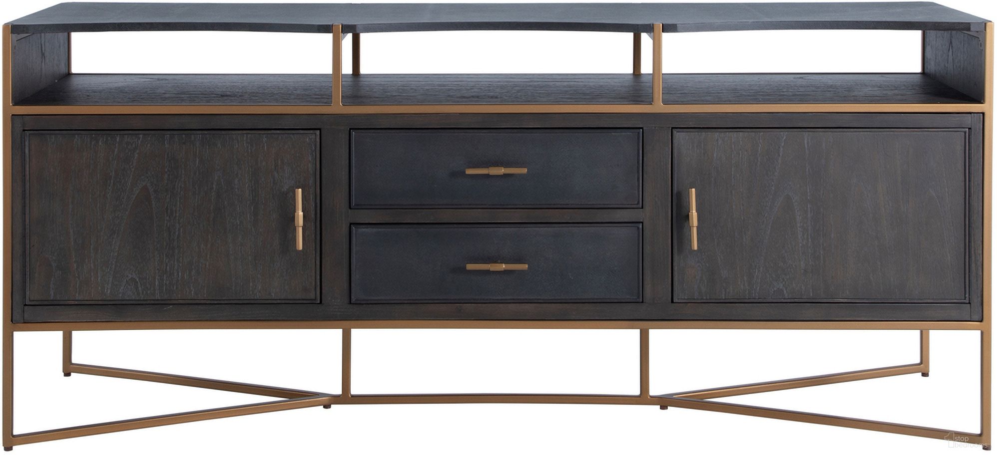 The appearance of Jameson Media Cabinet In Natural Black and Stained Gold designed by Gabby in the transitional interior design. This natural black/stained gold piece of furniture was selected by 1StopBedrooms from Jameson Collection to add a touch of cosiness and style into your home. Sku: SCH-160415. Material: Iron.
