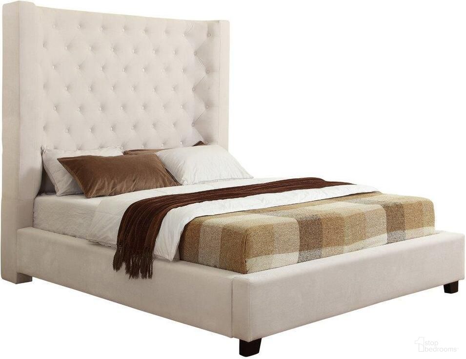 Jamie Velvet Upholstered Tower High Profile Queen Bed In Cream