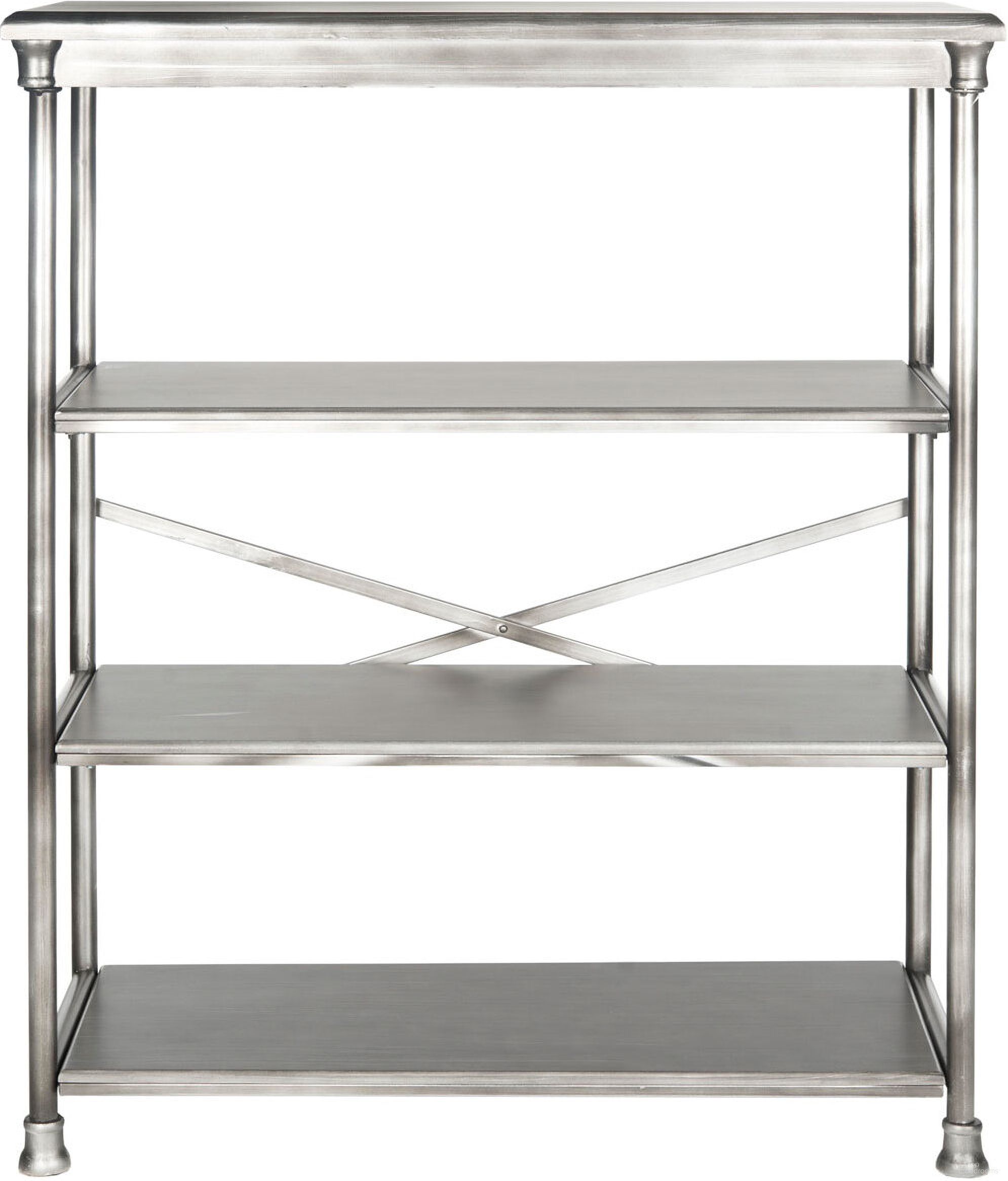 The appearance of Jamison Dark Silver Large Bookcase designed by Safavieh in the transitional interior design. This silver piece of furniture was selected by 1StopBedrooms from Jamison Collection to add a touch of cosiness and style into your home. Sku: AMH1536A. Material: Iron.