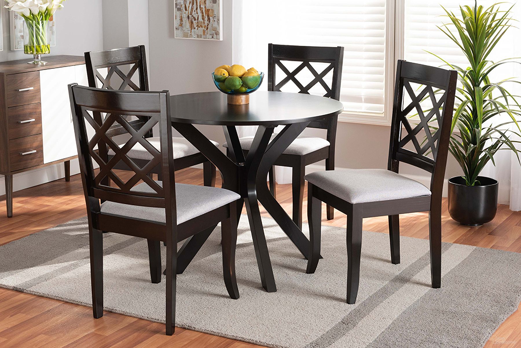 The appearance of Jana Modern and Contemporary Grey Fabric Upholstered and Dark Brown Finished Wood 5-Piece Dining Set designed by Baxton Studio in the modern / contemporary interior design. This dark brown piece of furniture was selected by 1StopBedrooms from Jana Collection to add a touch of cosiness and style into your home. Sku: Jana-Grey/Dark Brown-5PC Dining Set. Material: Rubberwood.