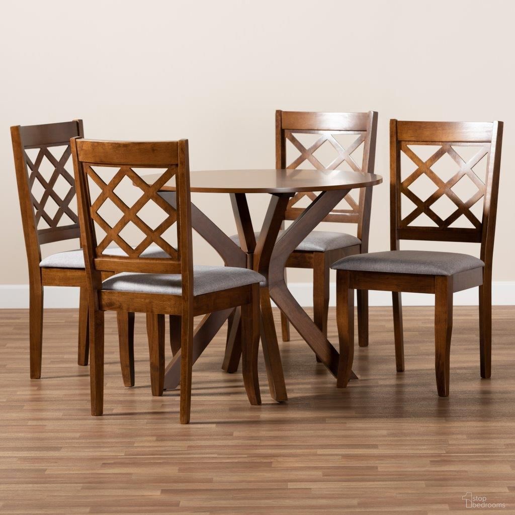 The appearance of Jana Modern and Contemporary Grey Fabric Upholstered and Walnut Brown Finished Wood 5-Piece Dining Set designed by Baxton Studio in the modern / contemporary interior design. This walnut brown piece of furniture was selected by 1StopBedrooms from Julia Collection to add a touch of cosiness and style into your home. Sku: Jana-Grey/Walnut-5PC Dining Set. Material: Fabric.