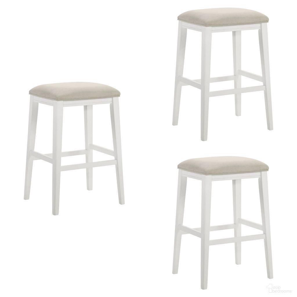 The appearance of Jane Bar Height Bar Stool Set of 3 In White and Cream designed by Armen Living in the modern / contemporary interior design. This white/cream piece of furniture was selected by 1StopBedrooms from Jane Collection to add a touch of cosiness and style into your home. Sku: LCJEBADCWH30;LCJEBADCWH30;LCJEBADCWH30. Material: Polyester.