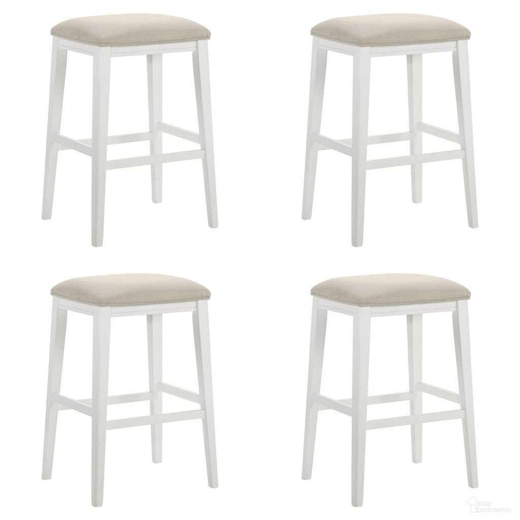 The appearance of Jane Bar Height Bar Stool Set of 4 In White and Cream designed by Armen Living in the modern / contemporary interior design. This white/cream piece of furniture was selected by 1StopBedrooms from Jane Collection to add a touch of cosiness and style into your home. Sku: LCJEBADCWH30;LCJEBADCWH30;LCJEBADCWH30;LCJEBADCWH30. Material: Polyester.