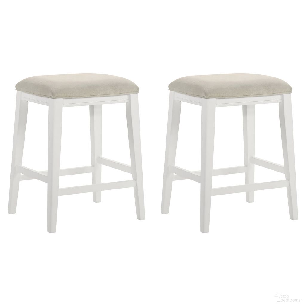 The appearance of Jane Counter Height Bar Stool Set of 2 In White and Cream designed by Armen Living in the modern / contemporary interior design. This white/cream piece of furniture  was selected by 1StopBedrooms from Jane Collection to add a touch of cosiness and style into your home. Sku: LCJEBADCWH26;LCJEBADCWH26. Material: Polyester.
