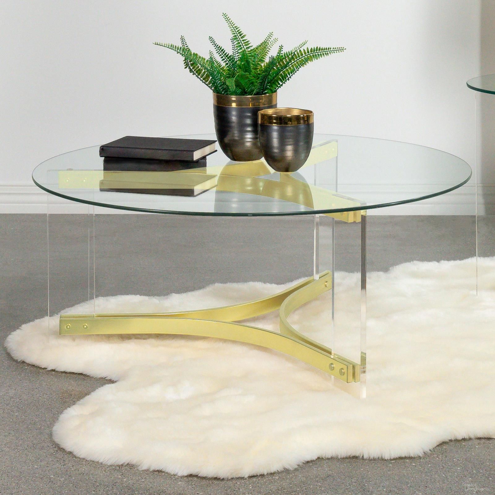 Janessa Round Glass Top Coffee Table with Acrylic Legs In Clear and Matte Brass by Coaster ...