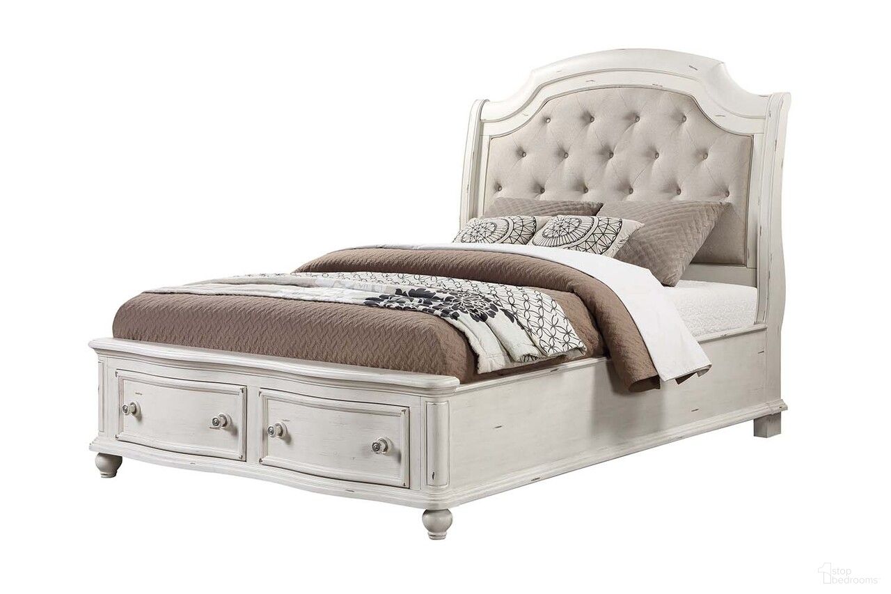 The appearance of Jaqueline King Bed With Storage In Gray Linen And Antique White designed by ACME in the rustic / southwestern interior design. This antique white piece of furniture  was selected by 1StopBedrooms from Jaqueline Collection to add a touch of cosiness and style into your home. Sku: BD01432EK1;BD01432EK2;BD01432EK3. Bed Type: Storage Bed. Material: Wood. Bed Size: King.