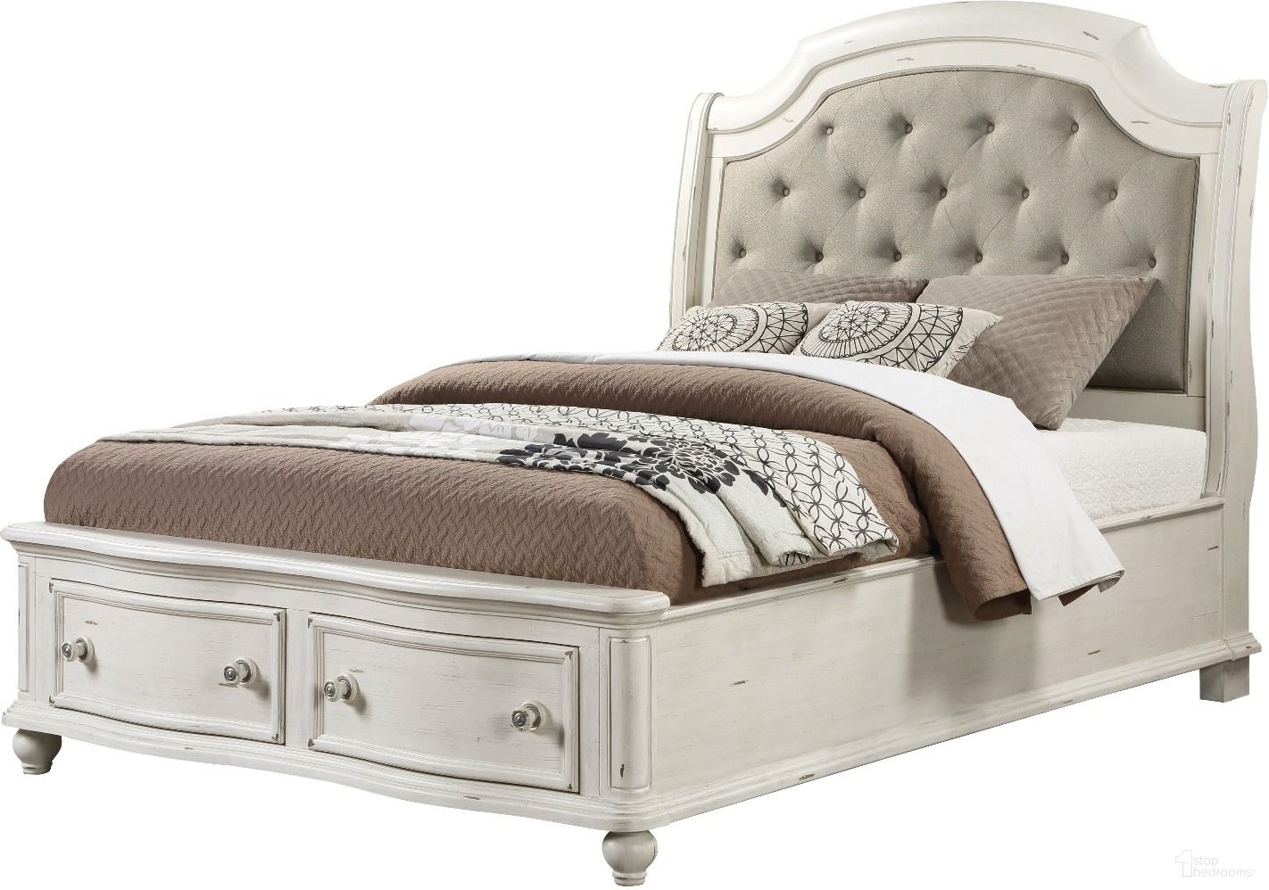 The appearance of Jaqueline Queen Bed With Storage In Gray Linen And Antique White designed by ACME in the rustic / southwestern interior design. This antique white piece of furniture was selected by 1StopBedrooms from Jaqueline Collection to add a touch of cosiness and style into your home. Sku: BD01433Q1;BD01433Q2;BD01433Q3. Bed Type: Storage Bed. Material: Wood. Bed Size: Queen.