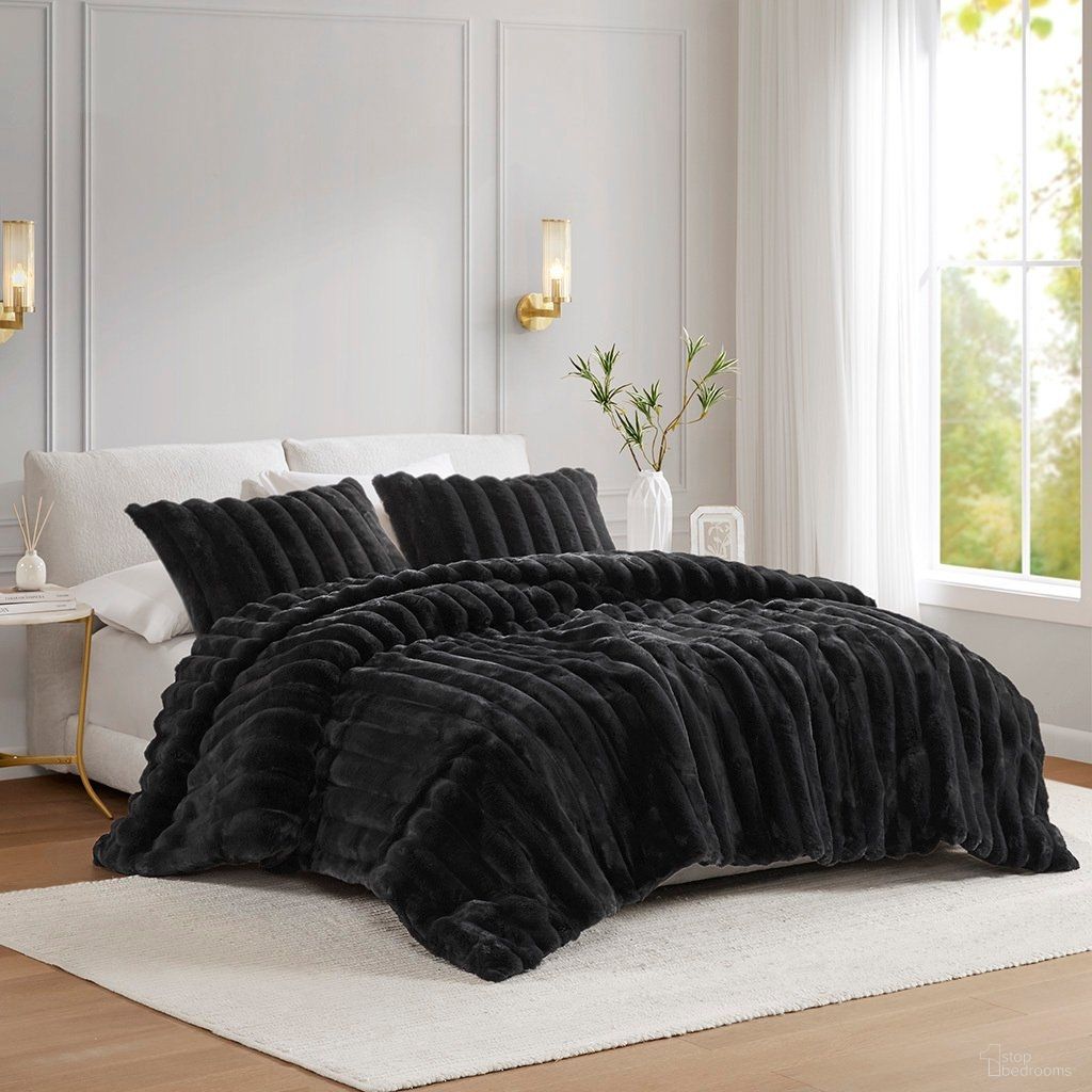 Jasmine 3 Piece Faux Fur Full/Queen Comforter Set In Black