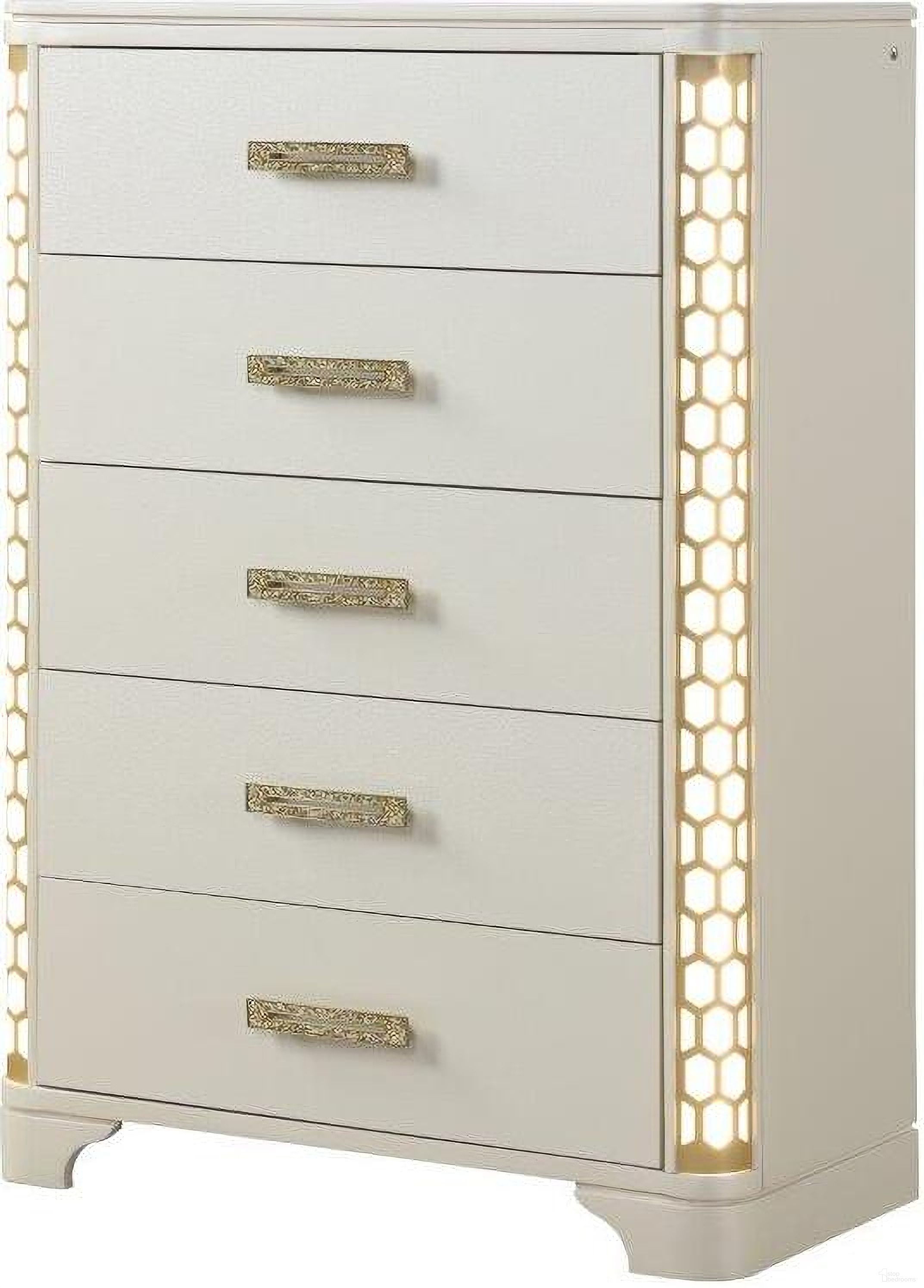 The appearance of Jasmine Chest With Led Light Made With Wood In Beige designed by Galaxy Home Furnishings in the modern / contemporary interior design. This beige piece of furniture was selected by 1StopBedrooms from Jasmine Collection to add a touch of cosiness and style into your home. Sku: 659436285736. Material: Wood.
